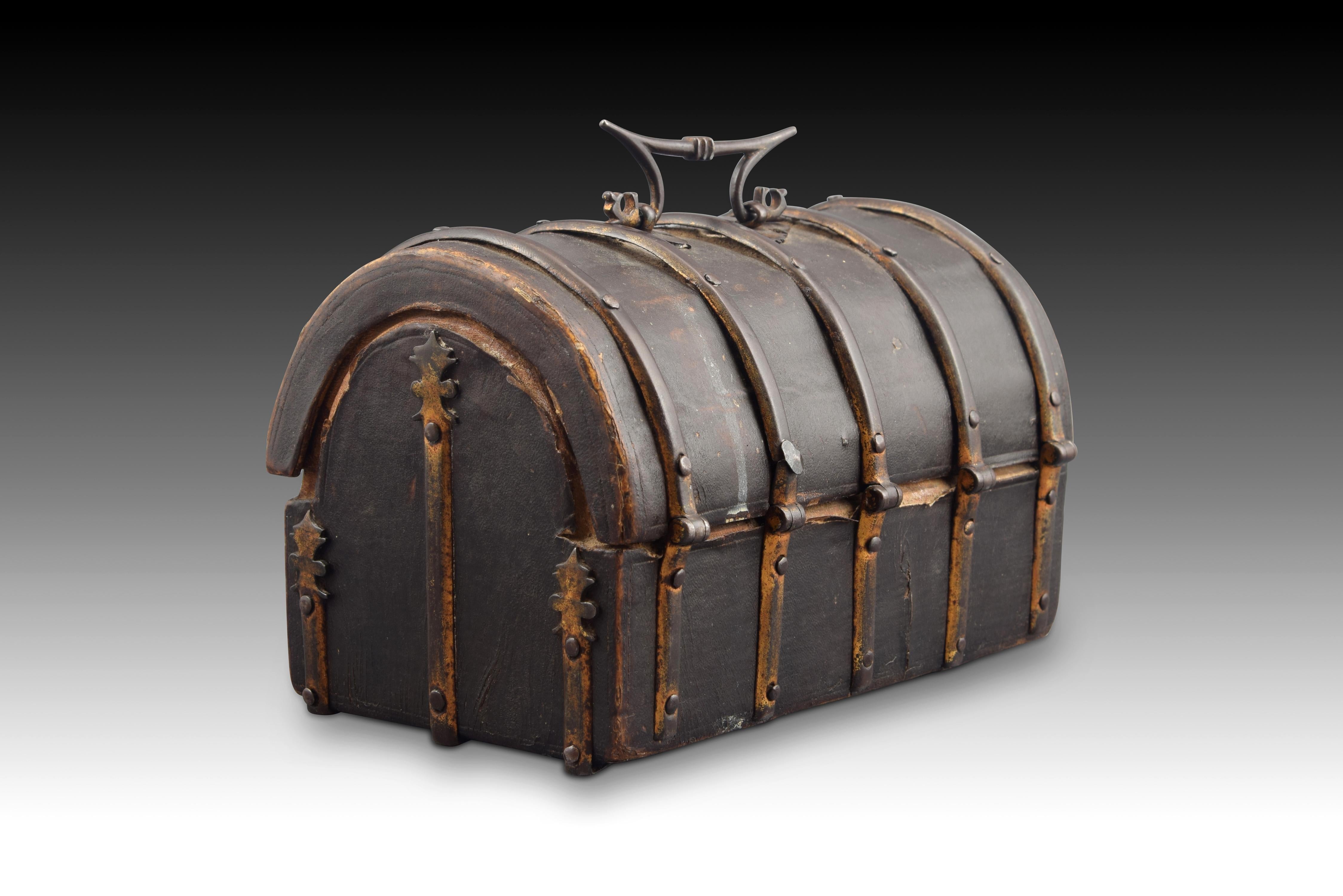 Spanish Chest, Leather, Wrought Iron, Textile, Wood, Spain, circa 1500 For Sale