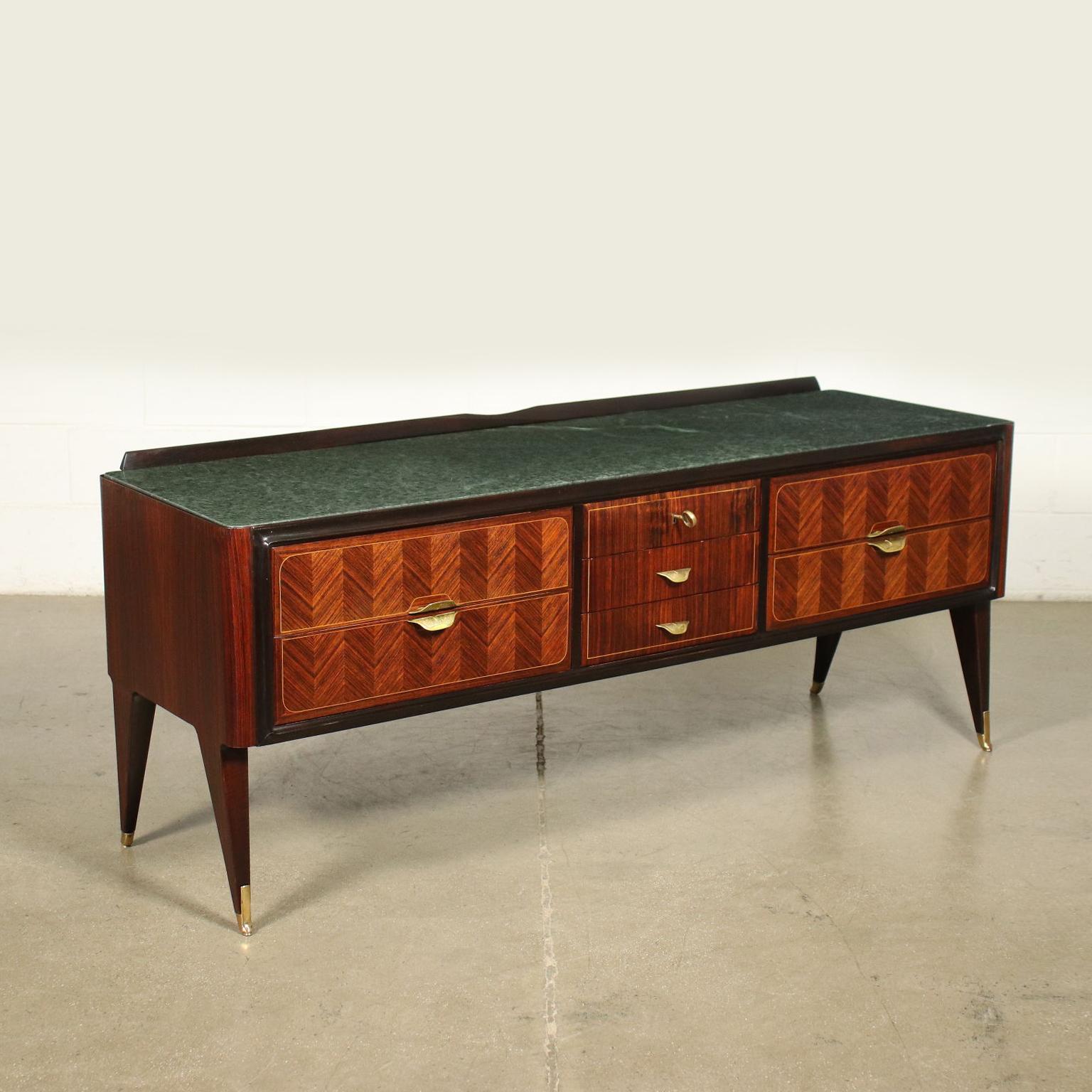 Chest of Drawer Veneered Wood Marble Brass, Italy, 1950s 1960s 10
