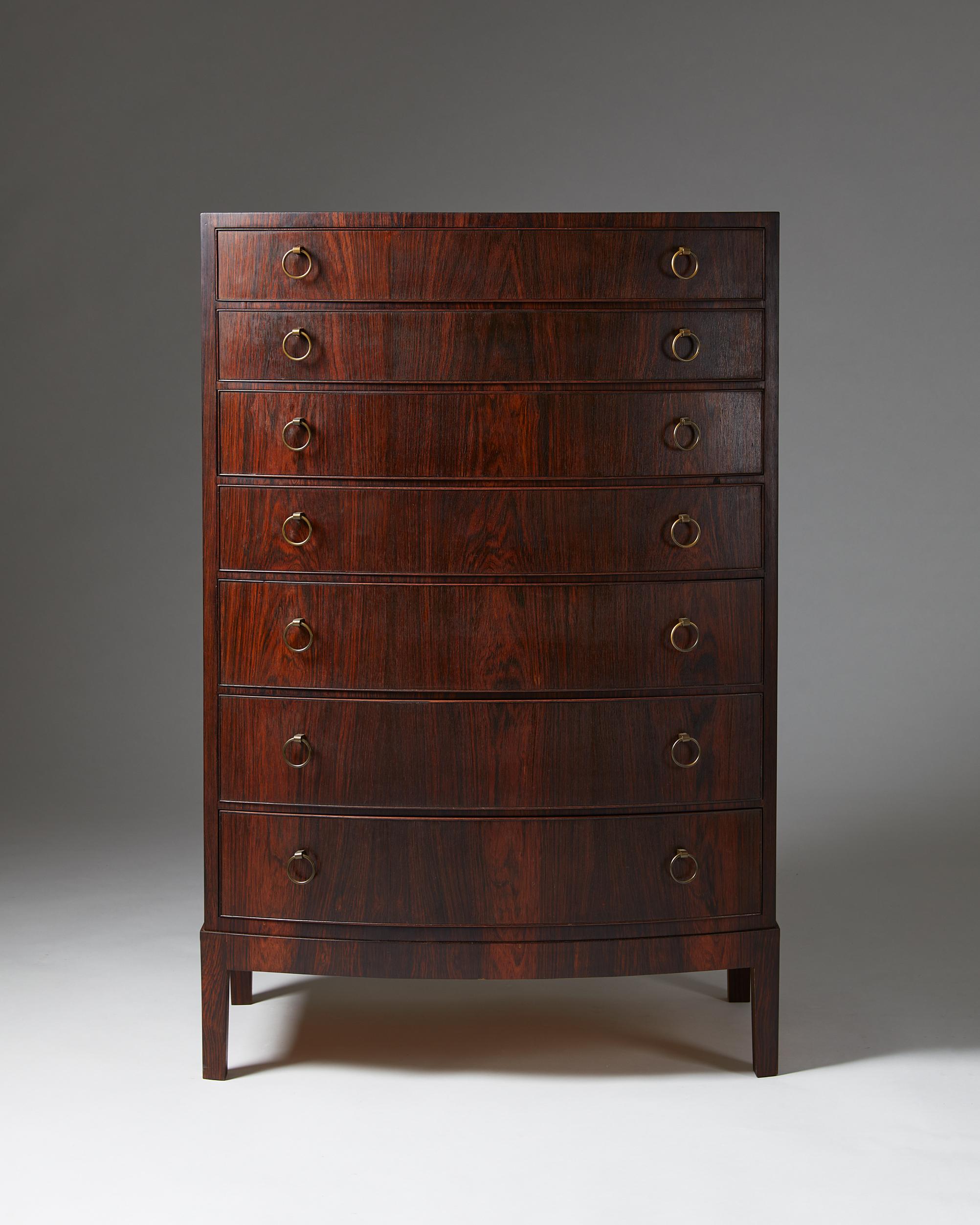 Mid-Century Modern Chest of Drawers, Anonymous, Rosewood and Brass Hardware, Denmark, 1950s For Sale