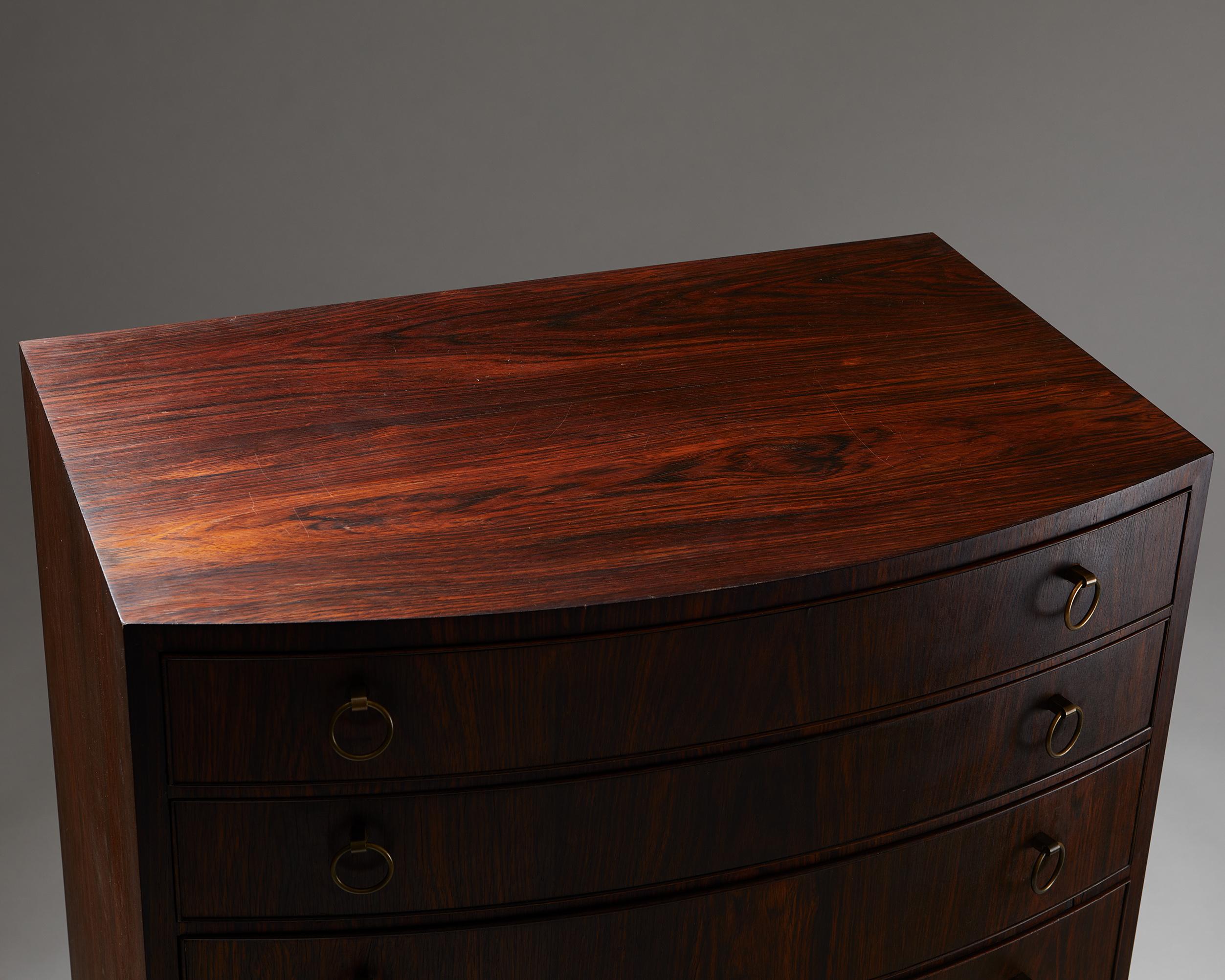 Chest of Drawers, Anonymous, Rosewood and Brass Hardware, Denmark, 1950s For Sale 1