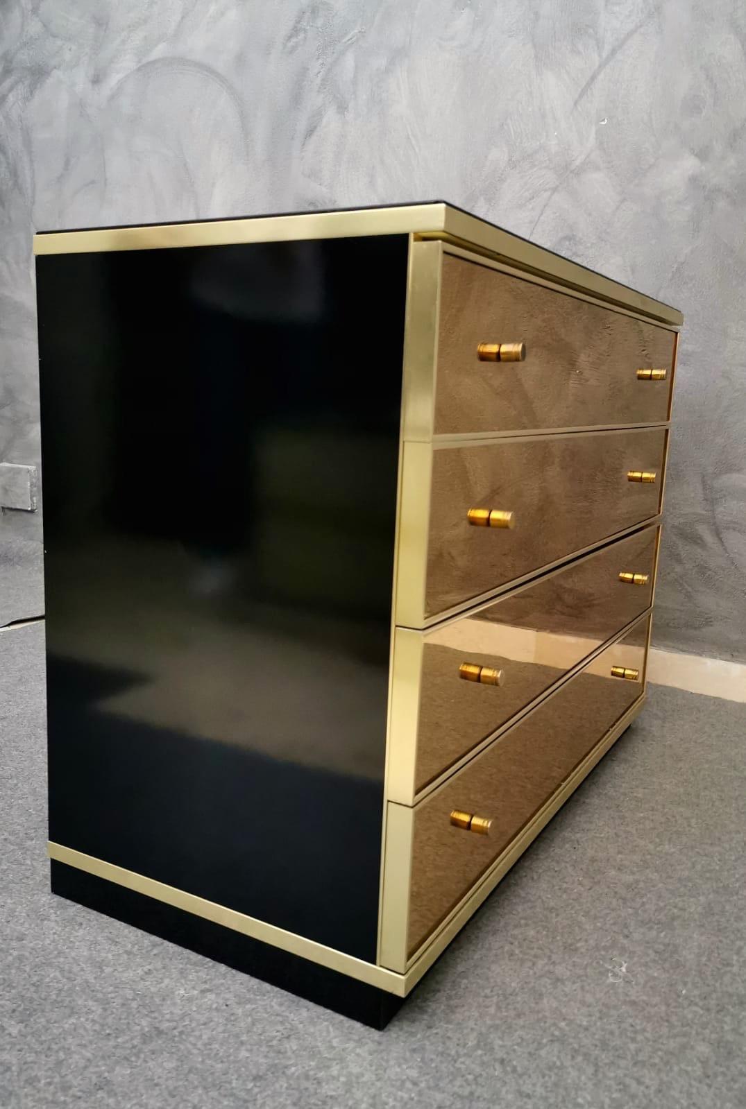 Wood Chest of Drawers Brass and Mirror by Renato Zevi, Italy, 1970s