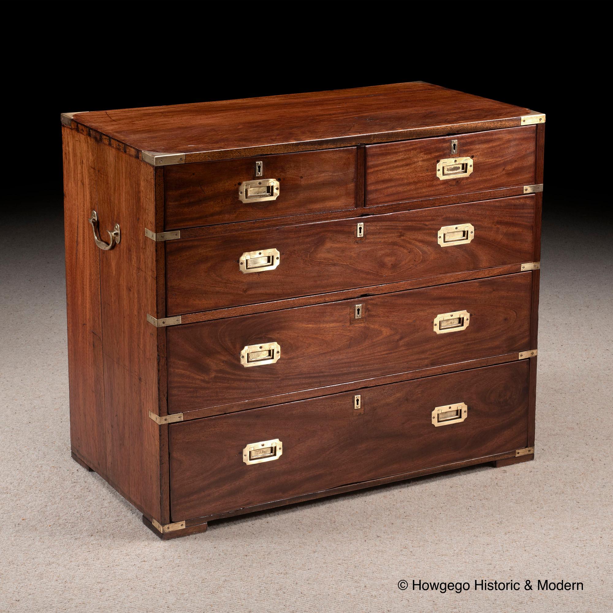 Unusual small size
Striking with the combination of richly coloured mahogany and brass
The veneers on this chest are exceptional, creating the effect of pools of ripples moving down the front
Lovely patina
