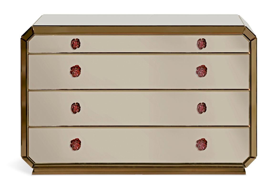 Italian Chest of Drawers Covered with Amber Mirror Bronzed Skirting Glass Flower Knobs For Sale