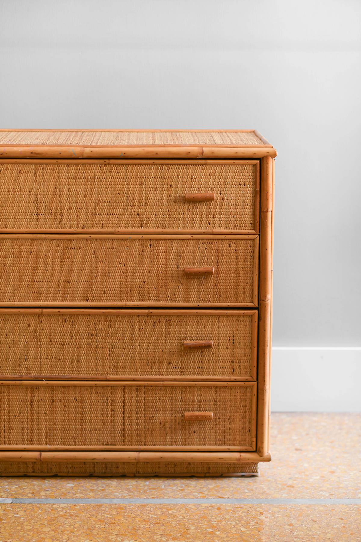 Italian Chest of drawers in bamboo and wicker, 1980.