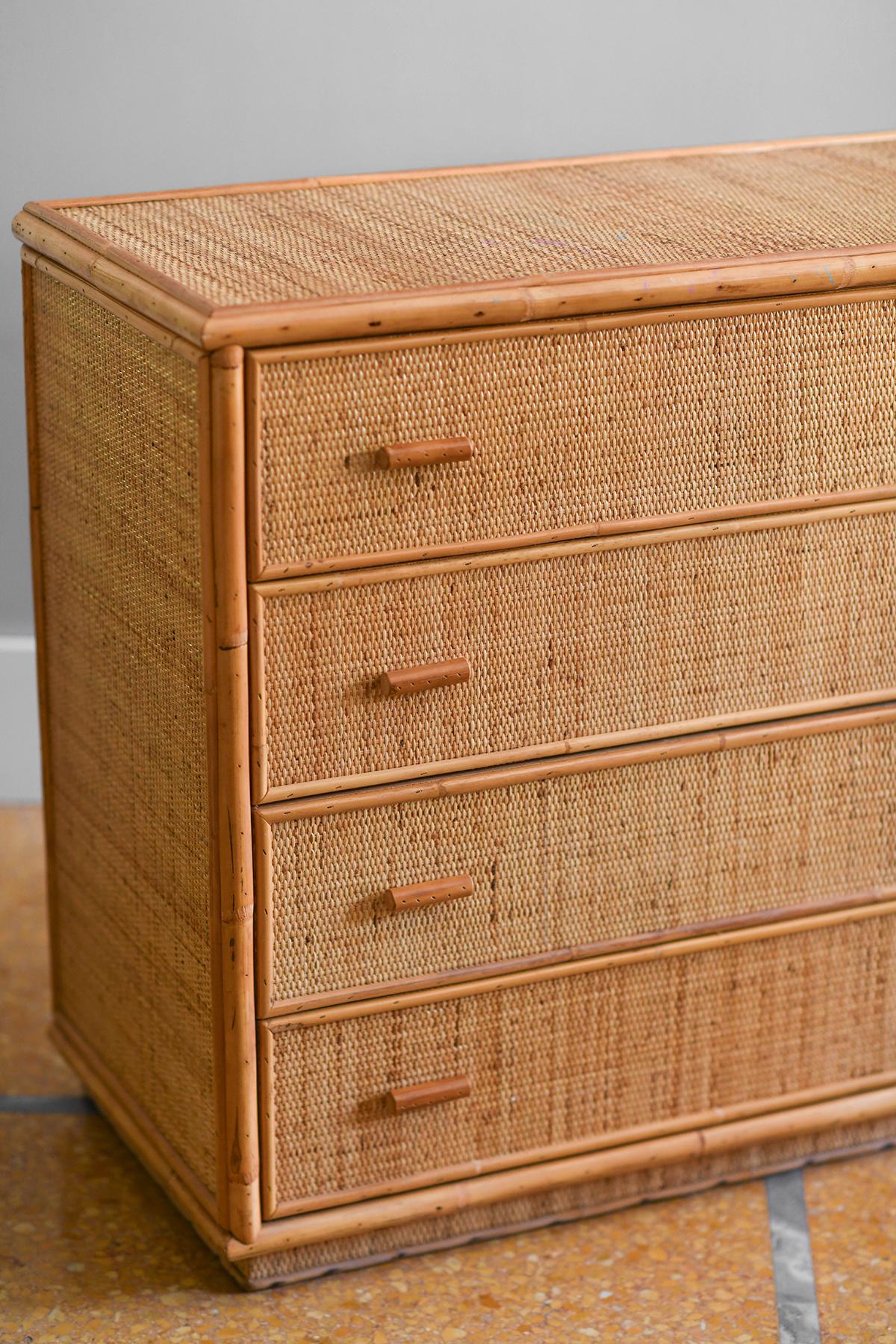 Late 20th Century Chest of drawers in bamboo and wicker, 1980.