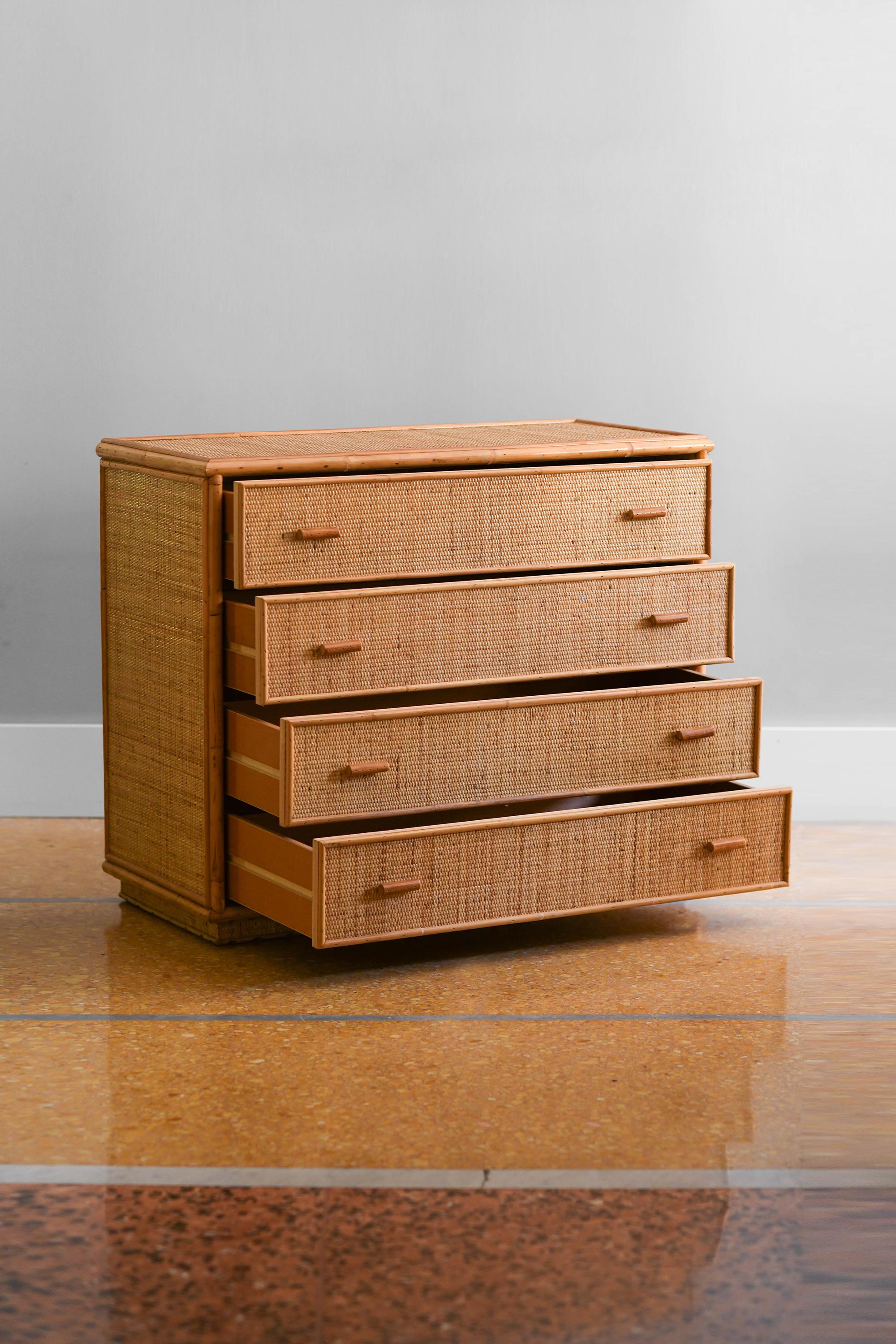 Wood Chest of drawers in bamboo and wicker, 1980.