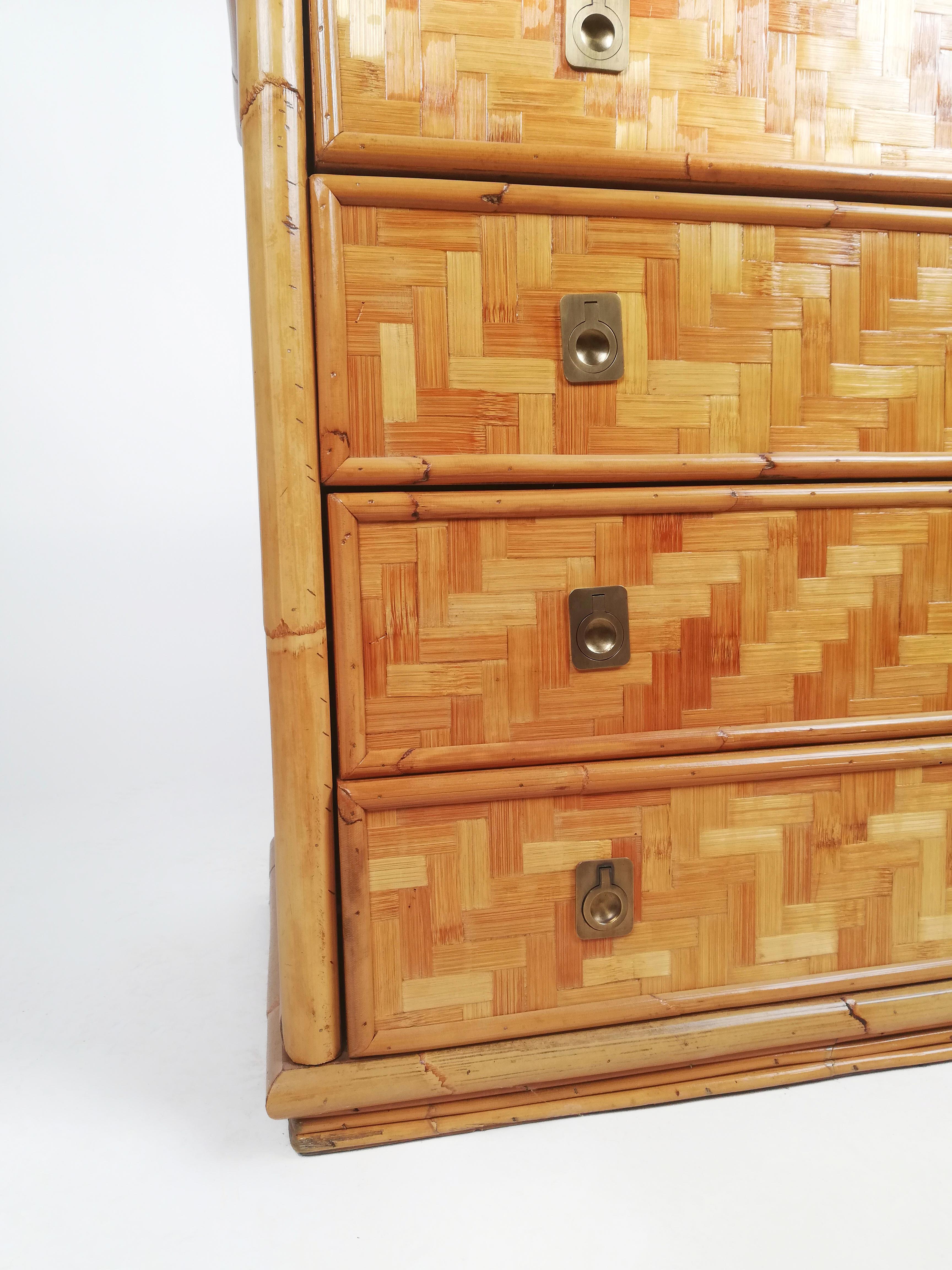 Chest of Drawers in Bamboo with Brass Handles by Dal Vera, Italy, 1970s 7