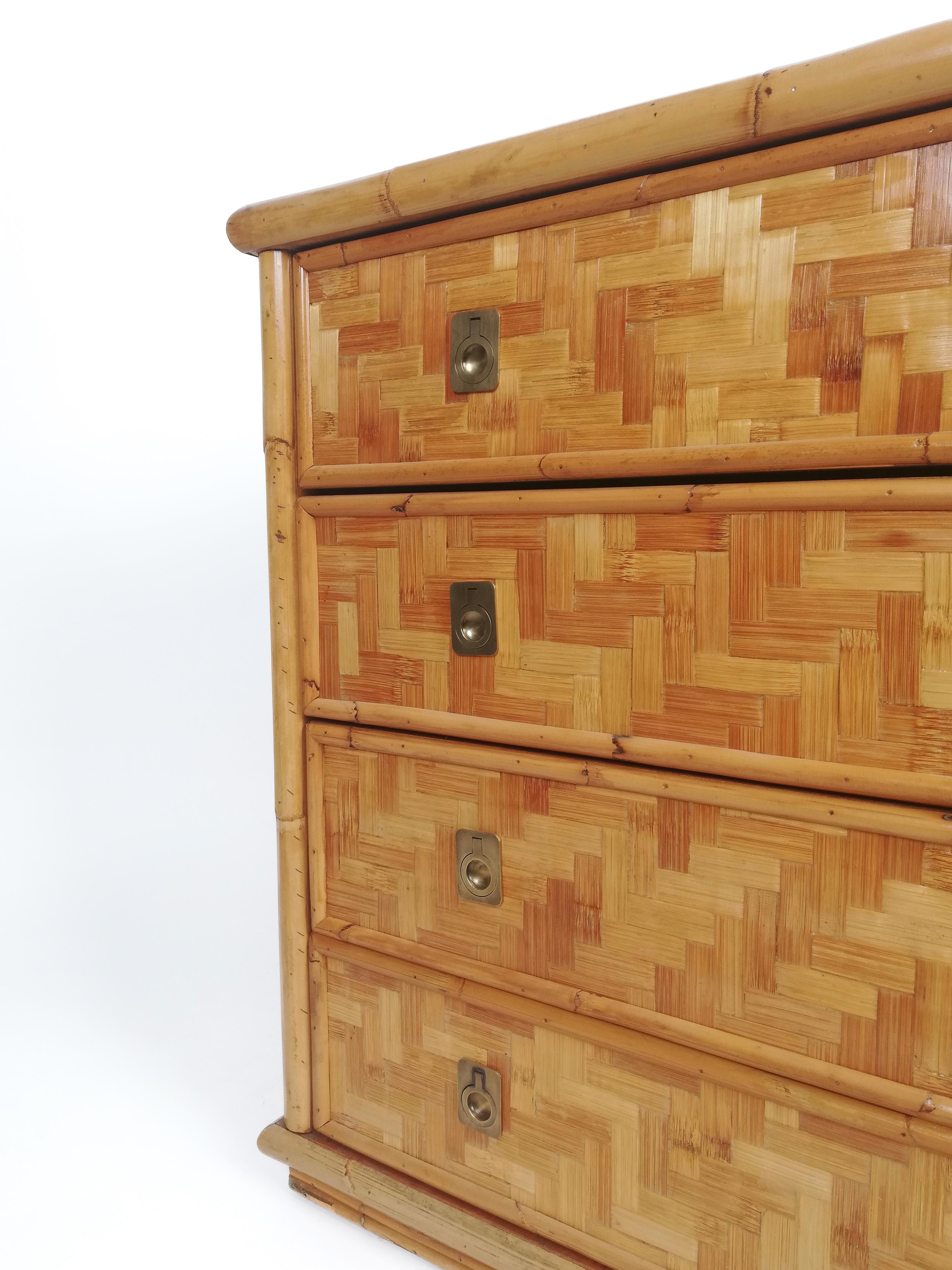 Chest of Drawers in Bamboo with Brass Handles by Dal Vera, Italy, 1970s 8