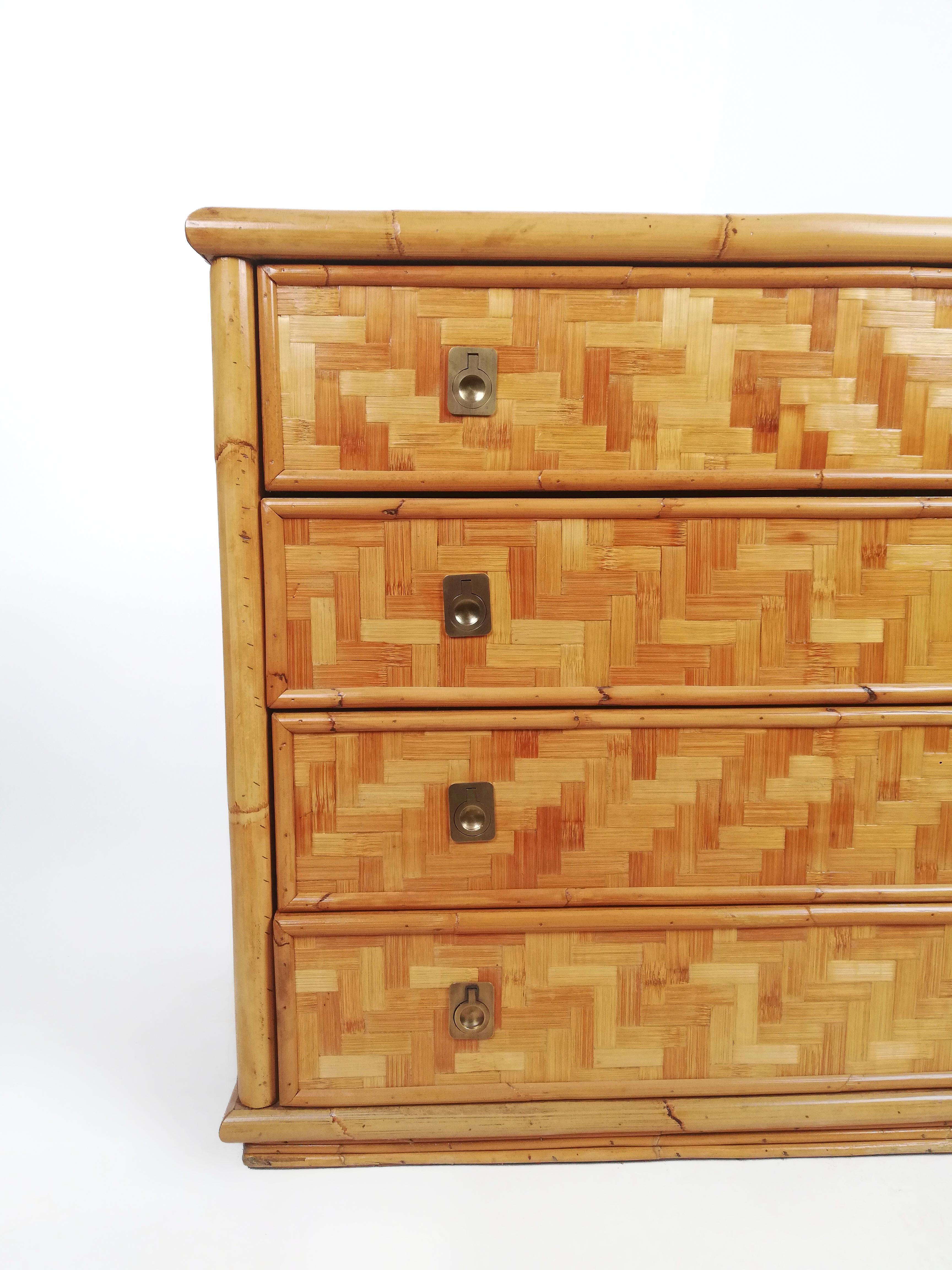 Hollywood Regency Chest of Drawers in Bamboo with Brass Handles by Dal Vera, Italy, 1970s