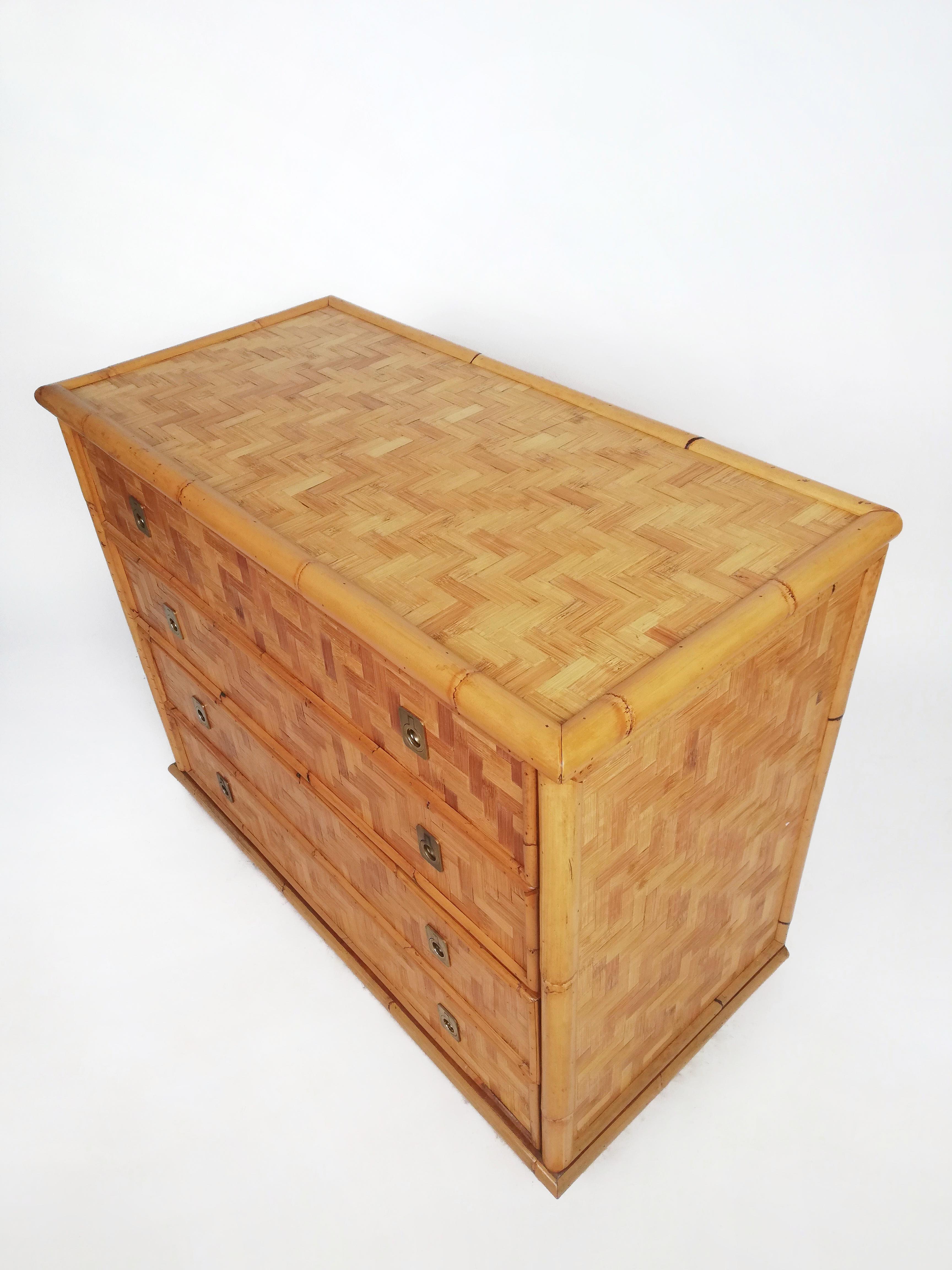 Chest of Drawers in Bamboo with Brass Handles by Dal Vera, Italy, 1970s In Good Condition In Roma, IT