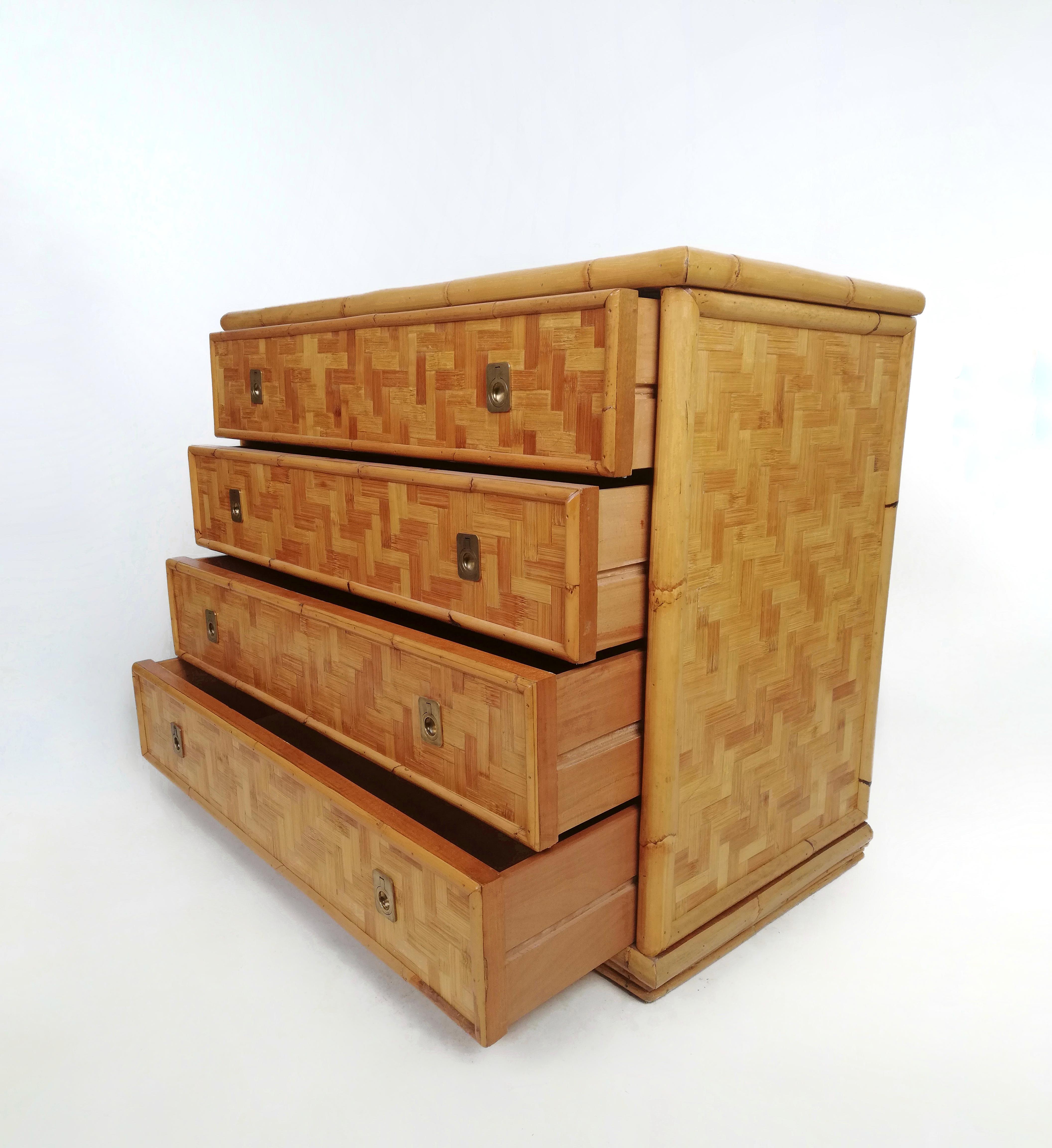20th Century Chest of Drawers in Bamboo with Brass Handles by Dal Vera, Italy, 1970s