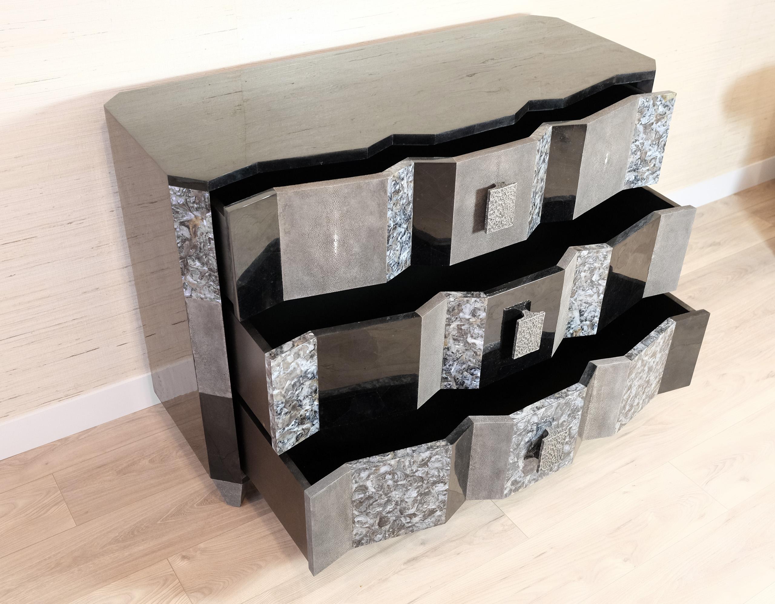Contemporary Chest of drawers in Black and grey marquetry by Ginger Brown For Sale
