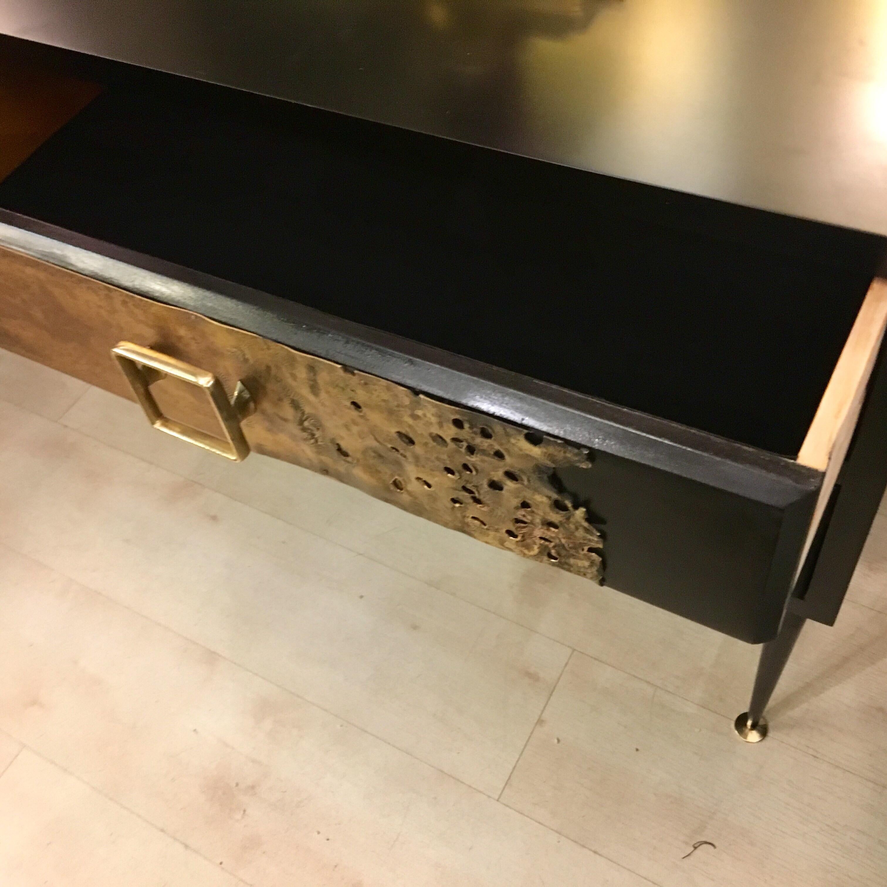 Chest of Drawers in Black Lacquered Wood Drawers with Brass Sculpture, 1970 9