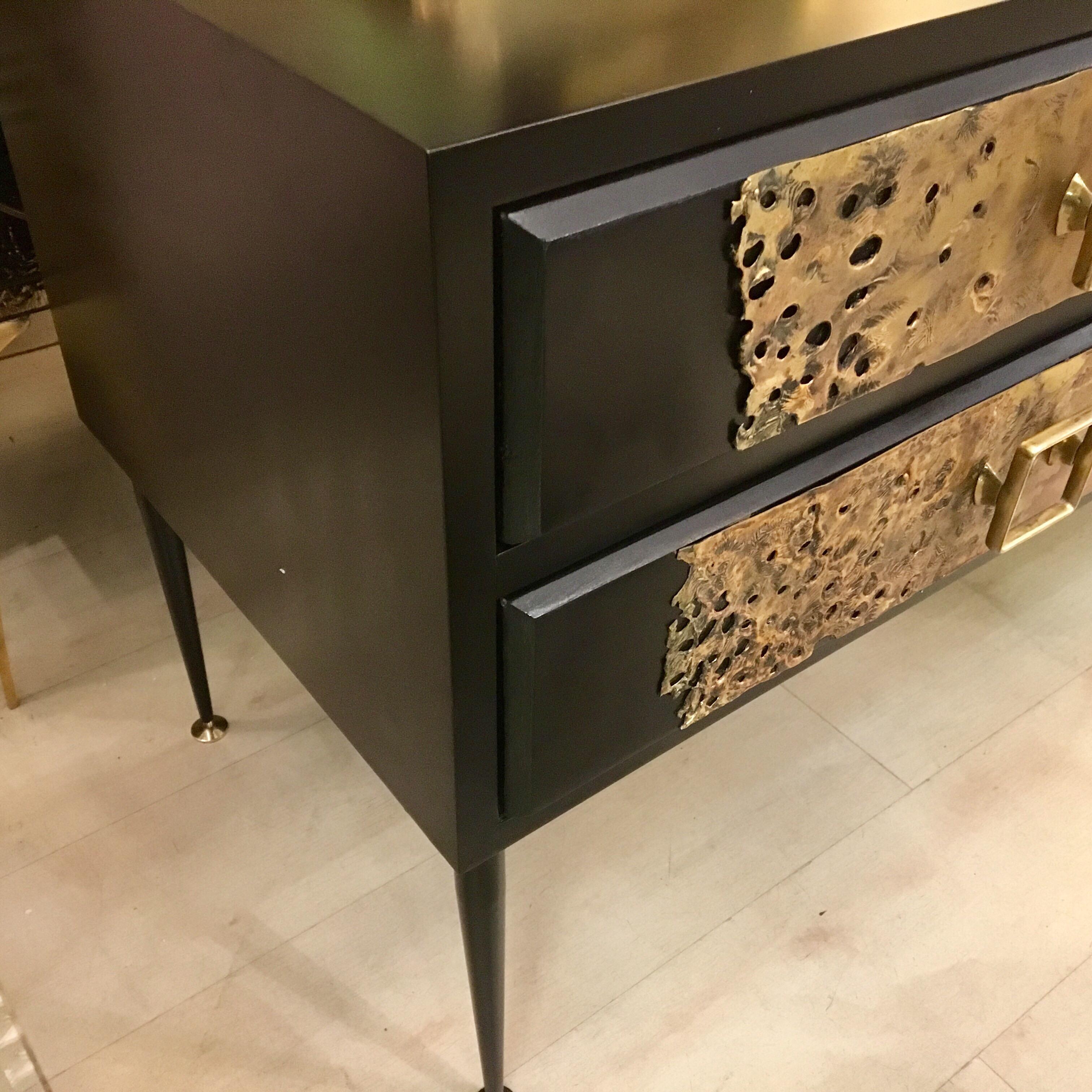 Chest of Drawers in Black Lacquered Wood Drawers with Brass Sculpture, 1970 11