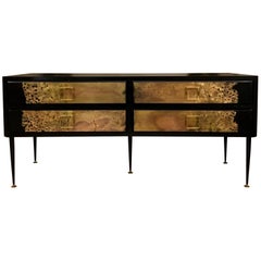 Chest of Drawers in Black Lacquered Wood Drawers with Brass Sculpture, 1970