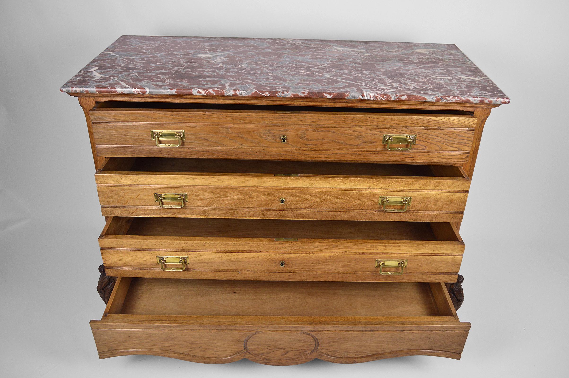 Chest of drawers in Carved Oak with Marble, France, circa 1910 For Sale 7