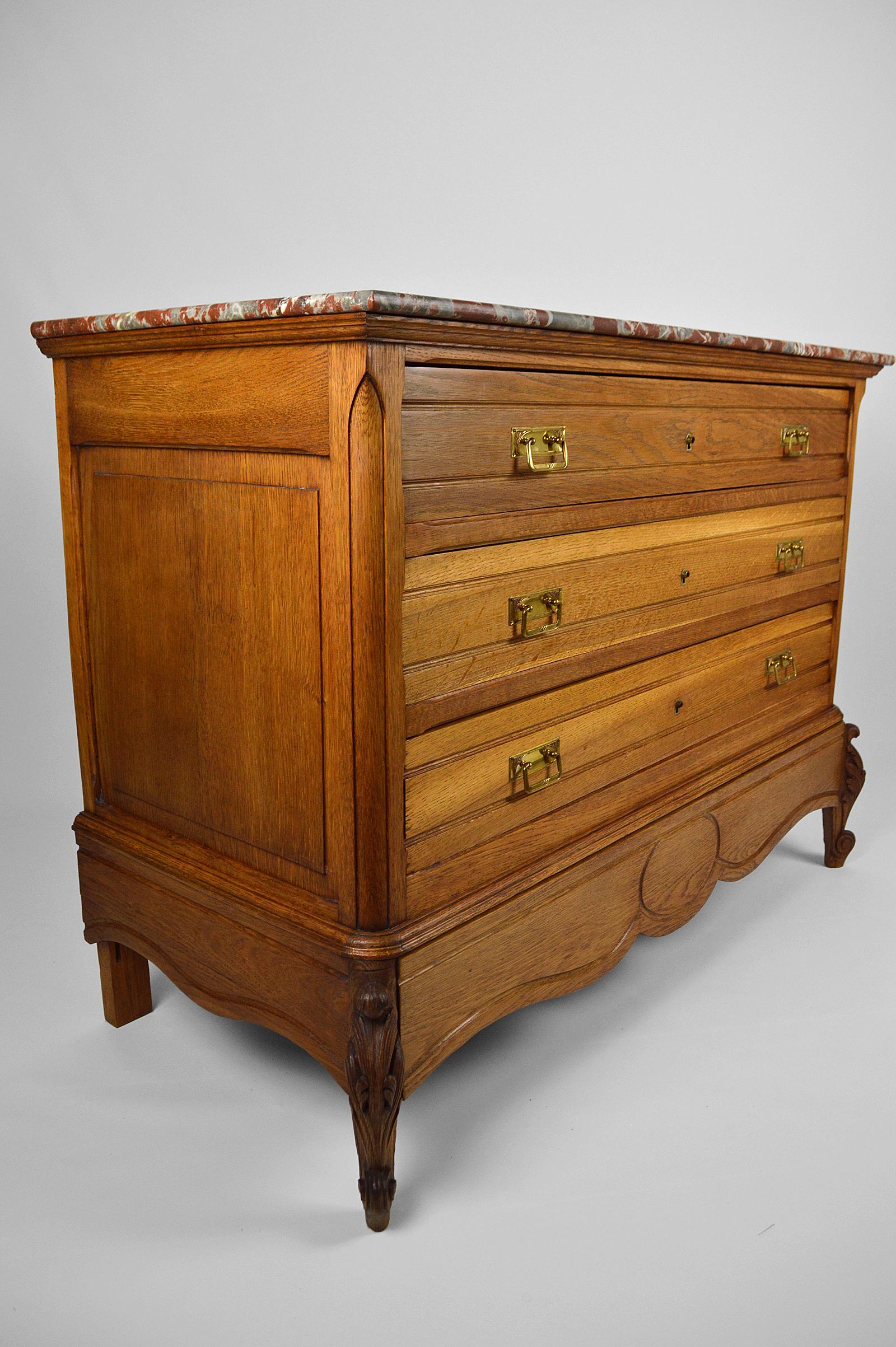 Art Nouveau Chest of drawers in Carved Oak with Marble, France, circa 1910 For Sale