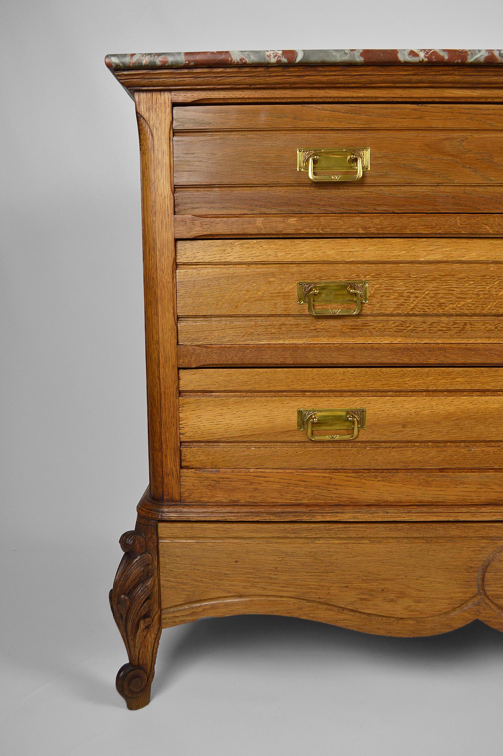Early 20th Century Chest of drawers in Carved Oak with Marble, France, circa 1910 For Sale