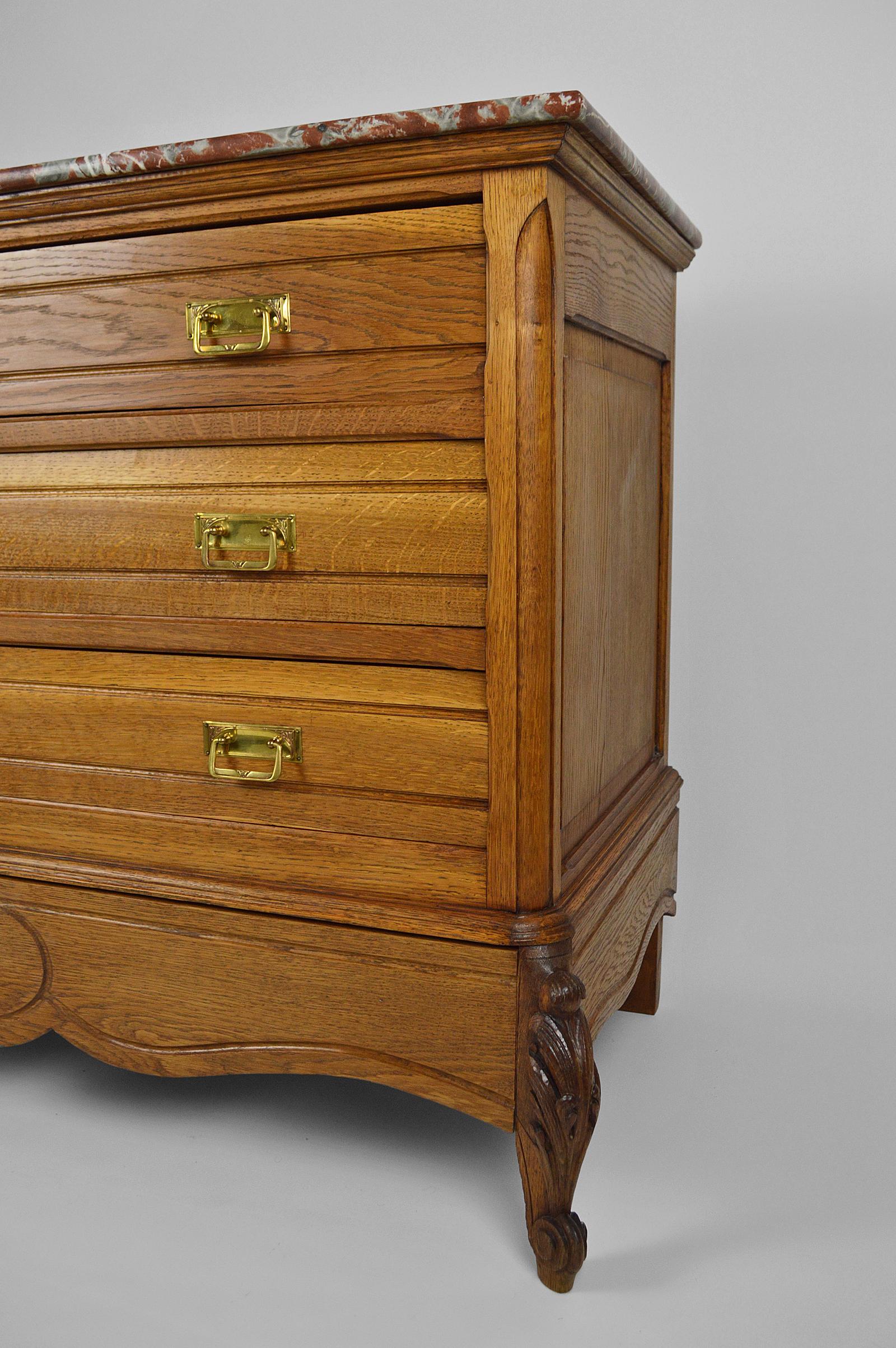 Chest of drawers in Carved Oak with Marble, France, circa 1910 For Sale 1