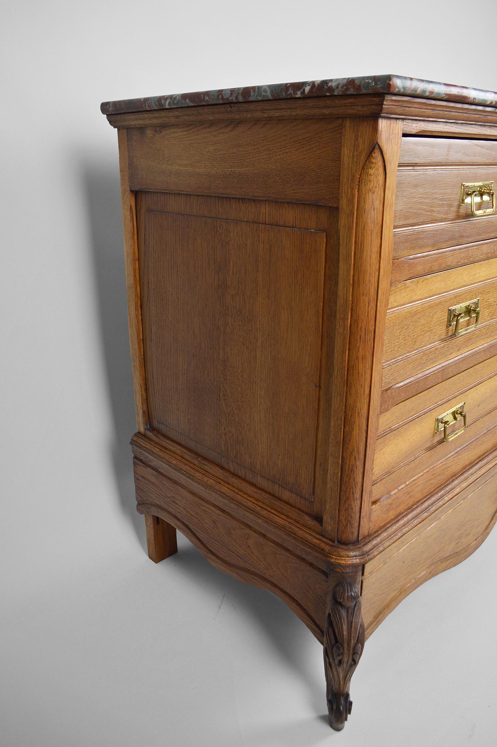 Chest of drawers in Carved Oak with Marble, France, circa 1910 For Sale 2