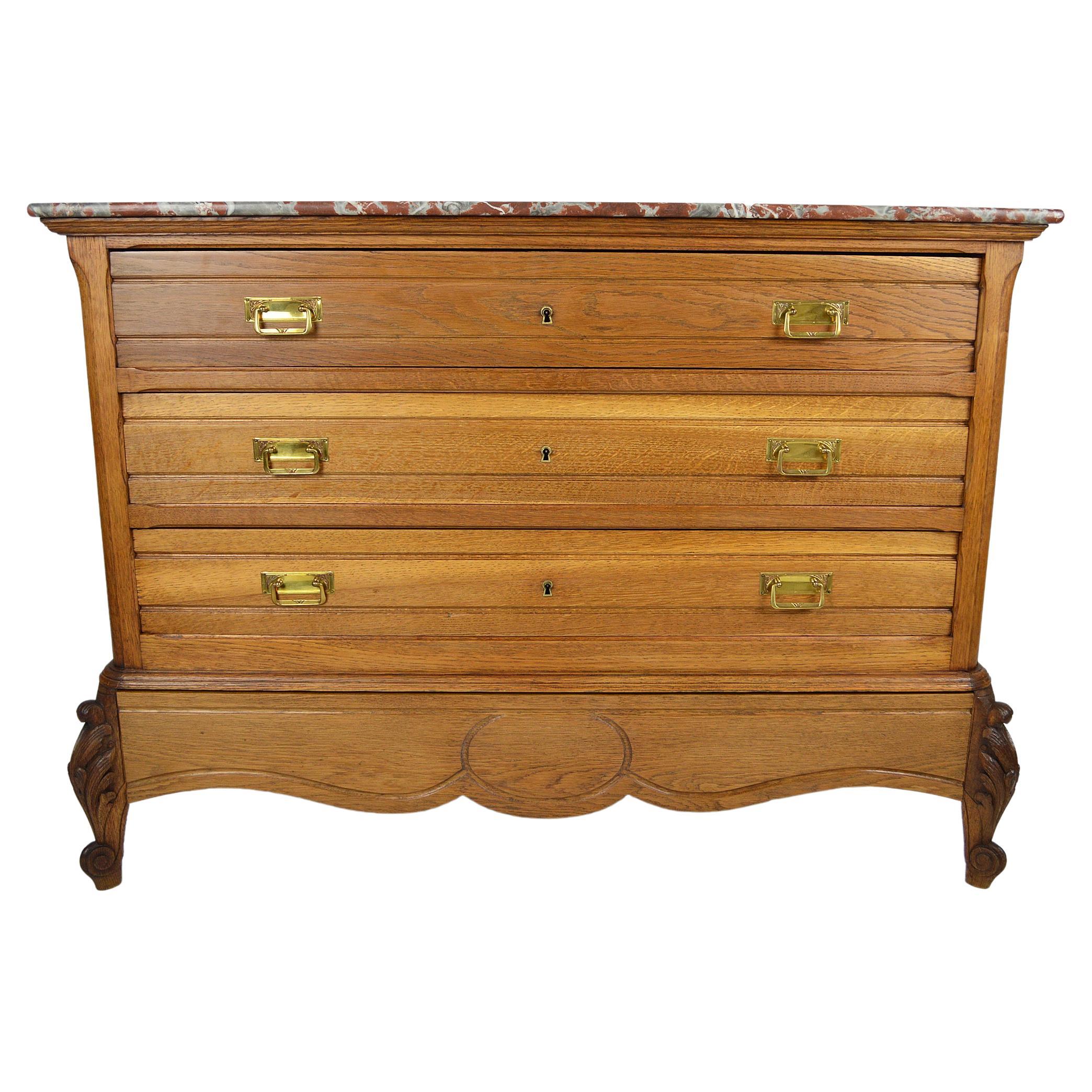 Chest of drawers in Carved Oak with Marble, France, circa 1910 For Sale