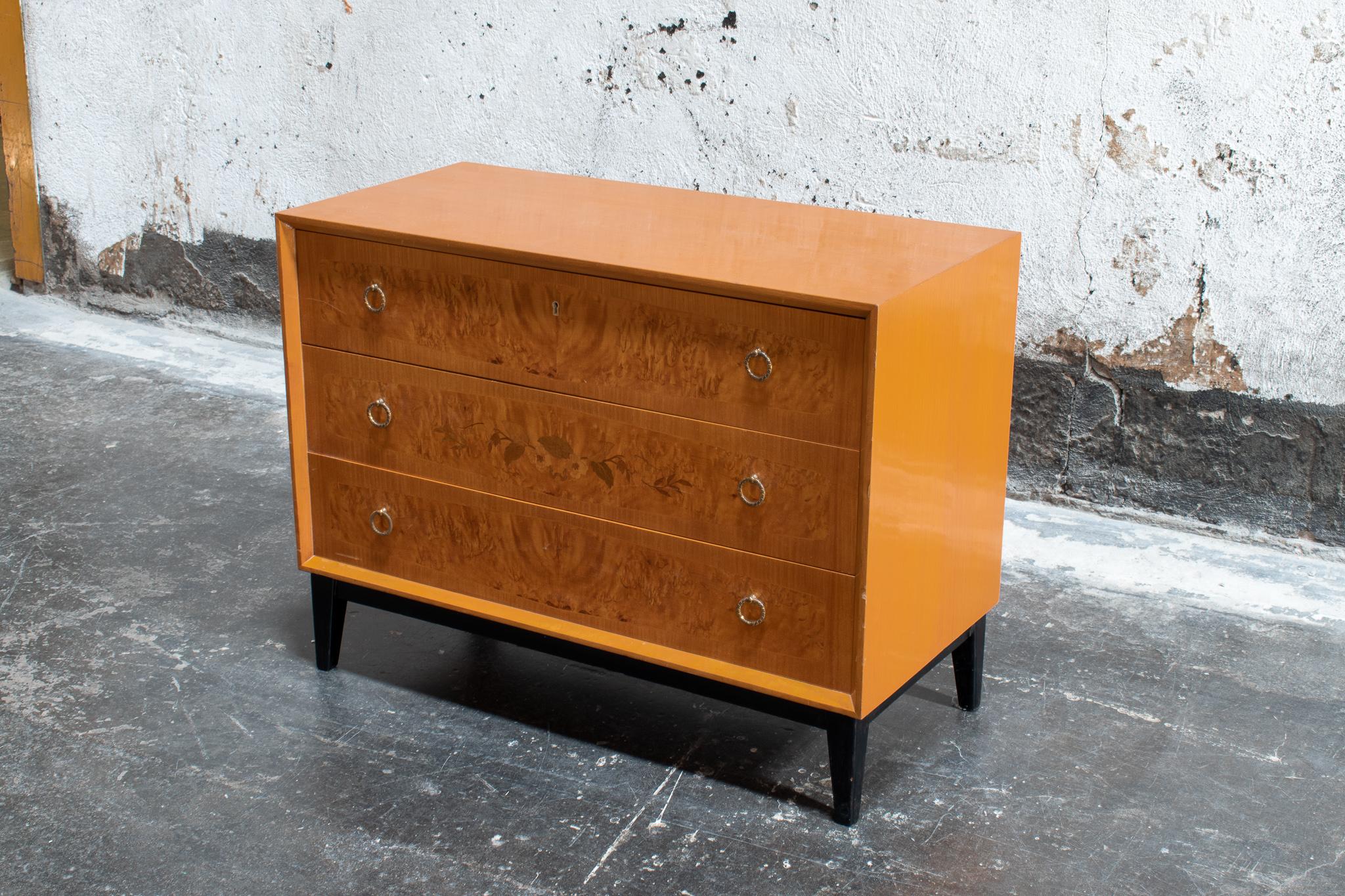 Art Deco Chest of Drawers in Golden Flame Birch with Intarsia Inlay and Ebonized Base