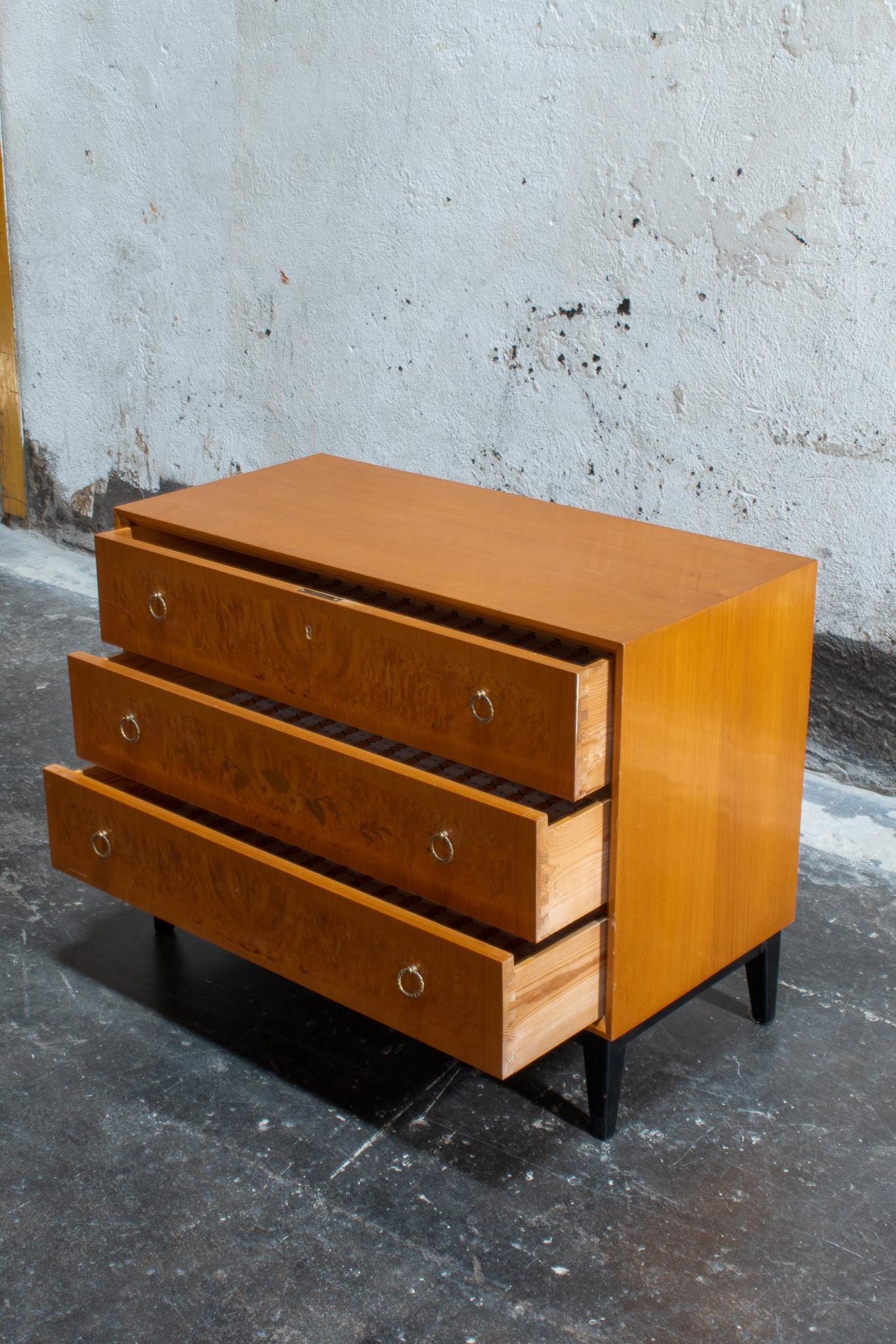 Swedish Chest of Drawers in Golden Flame Birch with Intarsia Inlay and Ebonized Base