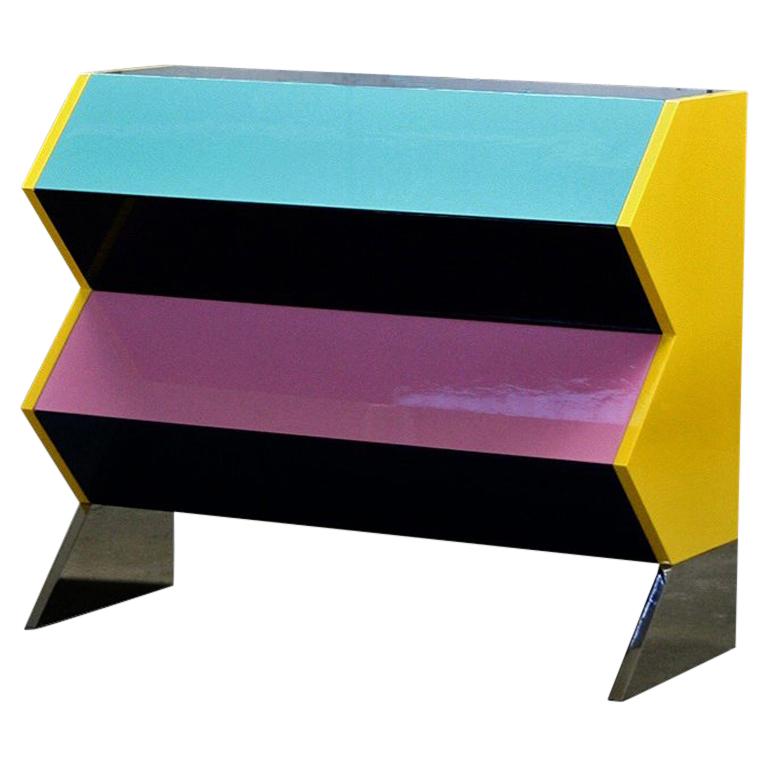 Chest of Drawers in Lacquered MDF with a Polish Stainless Base For Sale