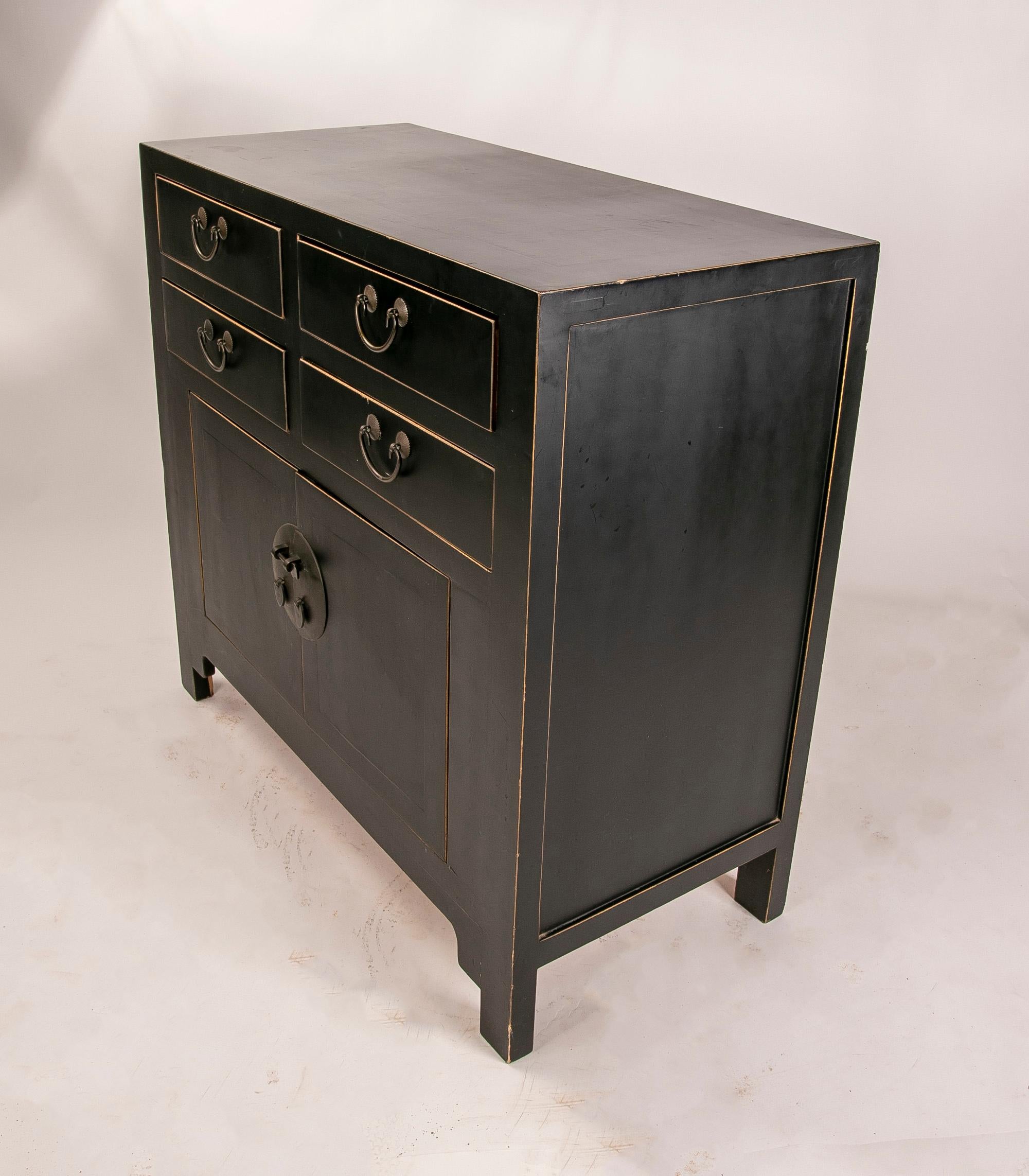 Asian Chest of Drawers in Lacquered Wood with Drawers and Metal Pulls For Sale