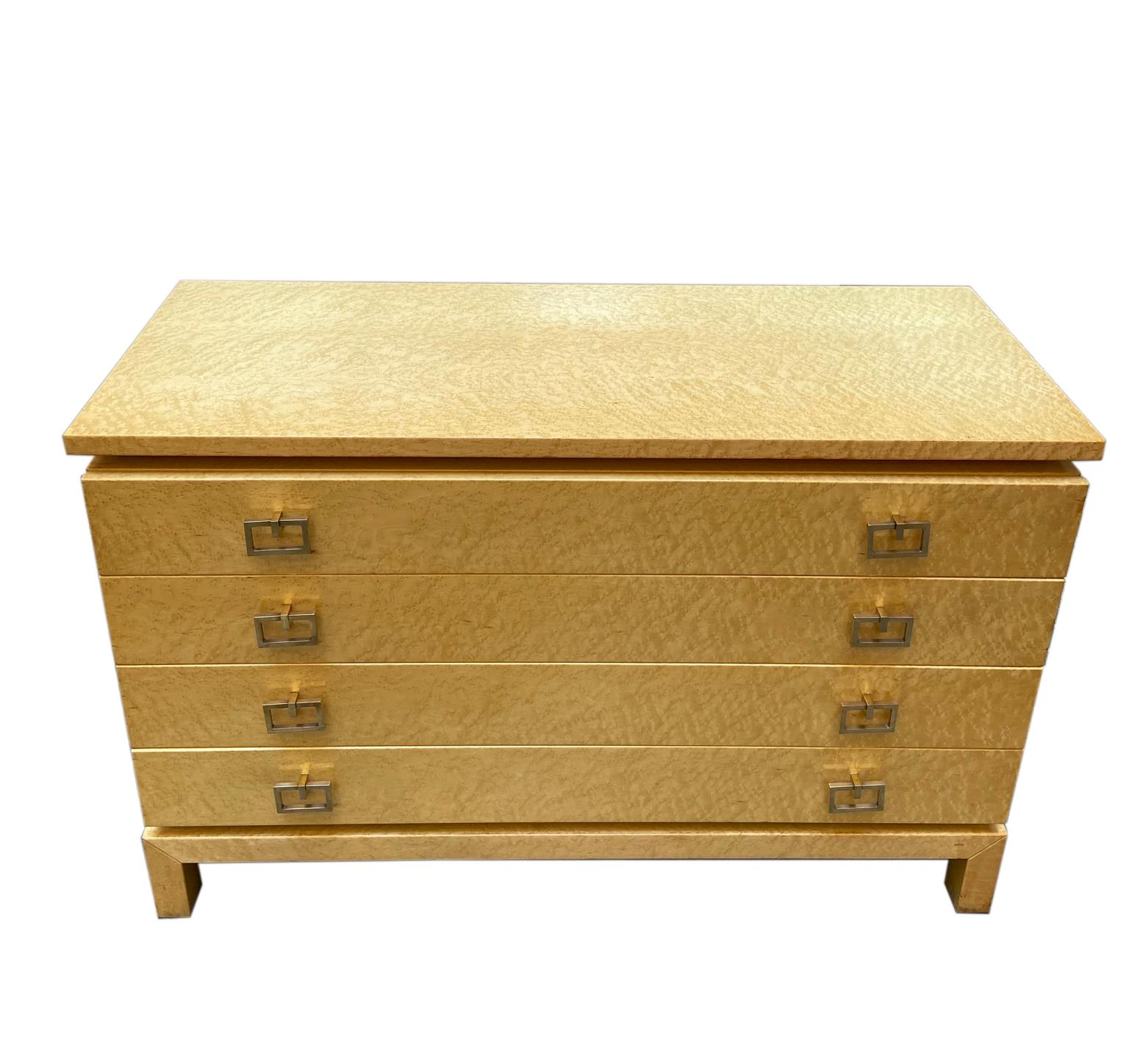 Late 20th Century Chest of Drawers in Light Briar Wood with Brass Handles and Profiles, Italy 1970
