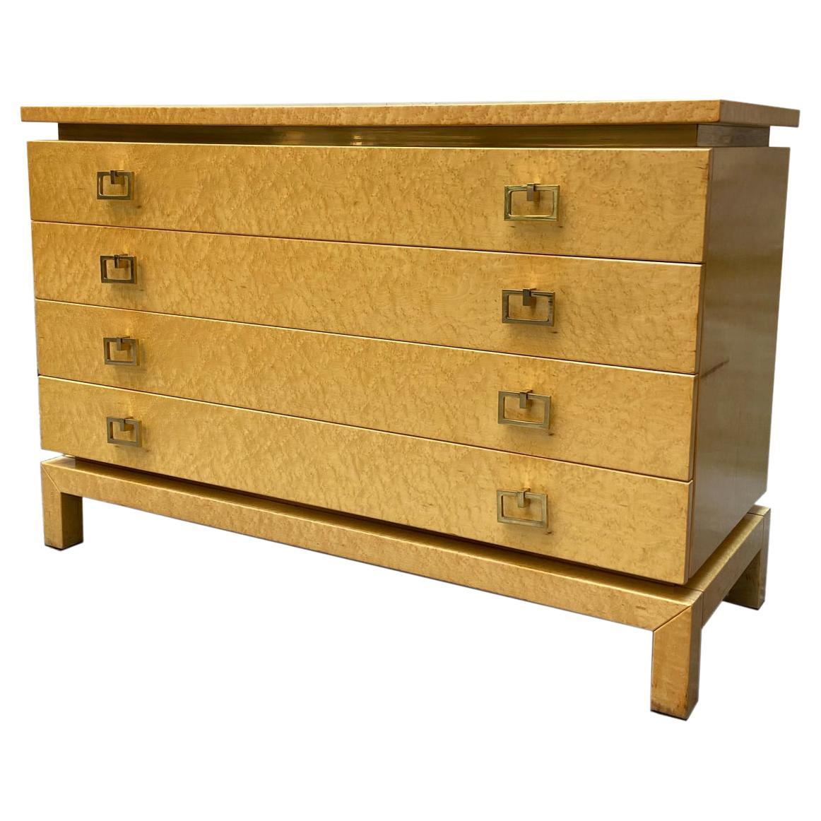 Chest of Drawers in Light Briar Wood with Brass Handles and Profiles, Italy 1970