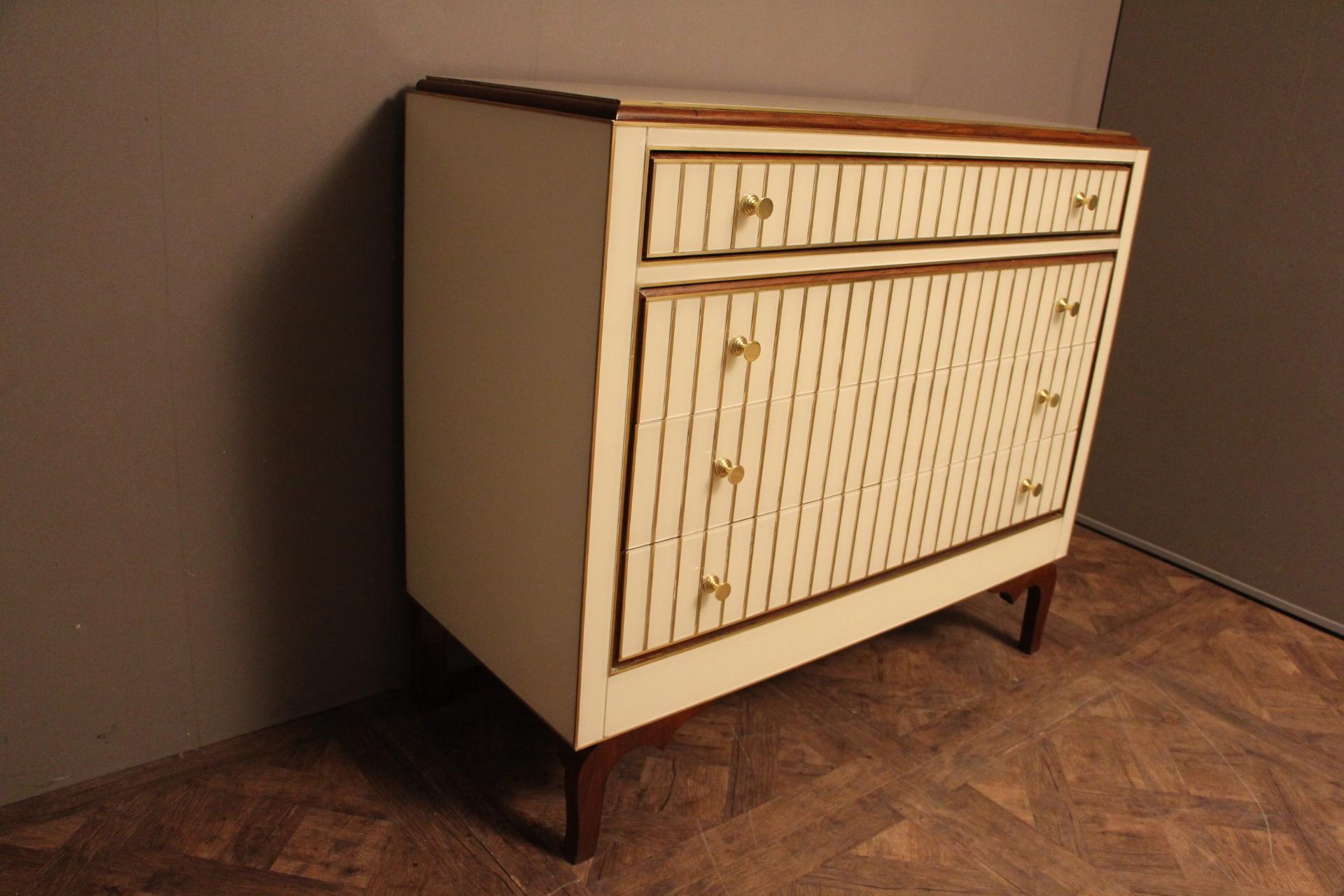 Mid-Century Modern Chest of Drawers in Murano Glass and Brass Inlay, Beige and Golden Color