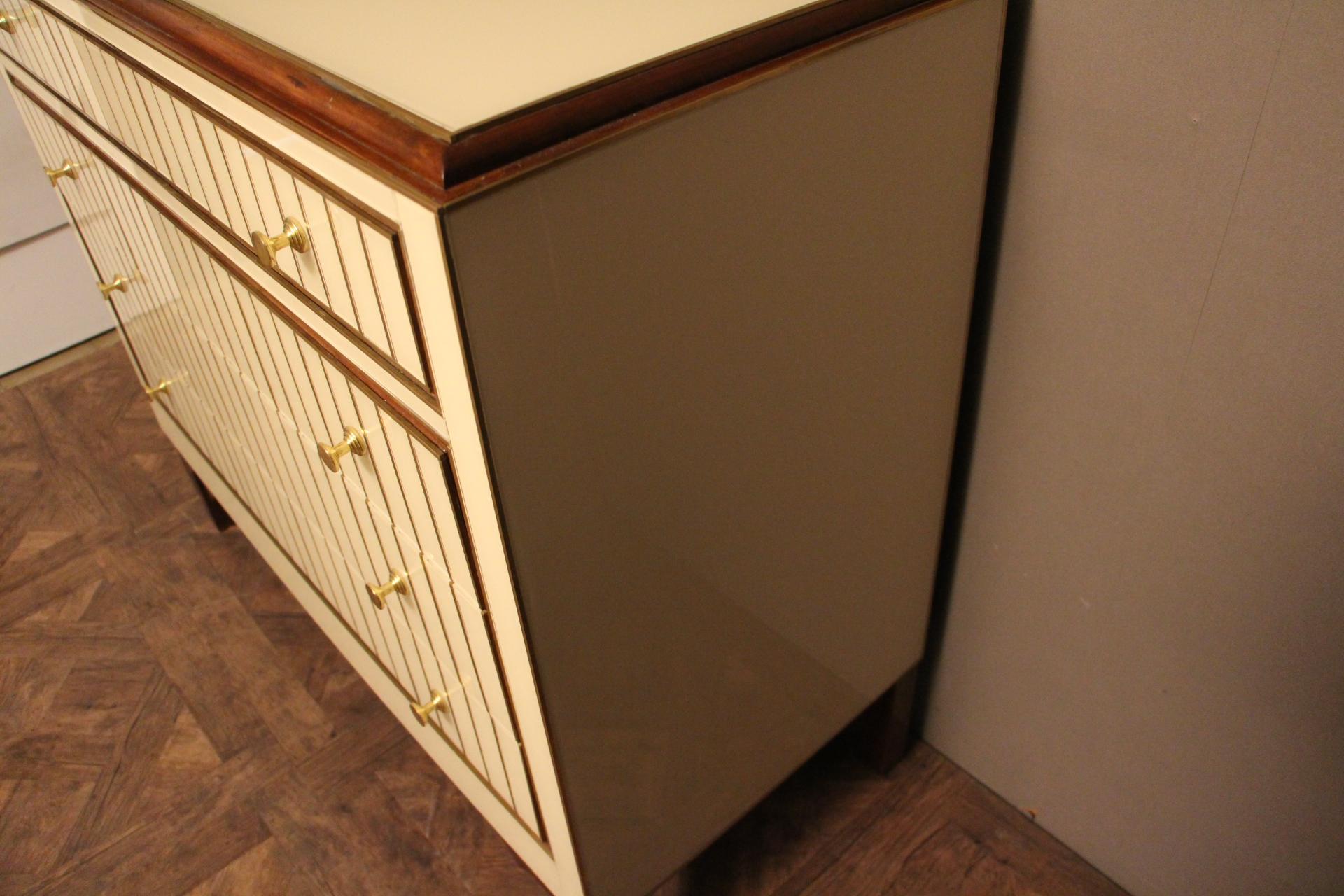 Late 20th Century Chest of Drawers in Murano Glass and Brass Inlay, Beige and Golden Color