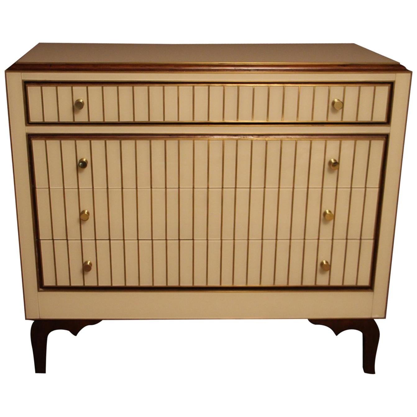Chest of Drawers in Murano Glass and Brass Inlay, Beige and Golden Color
