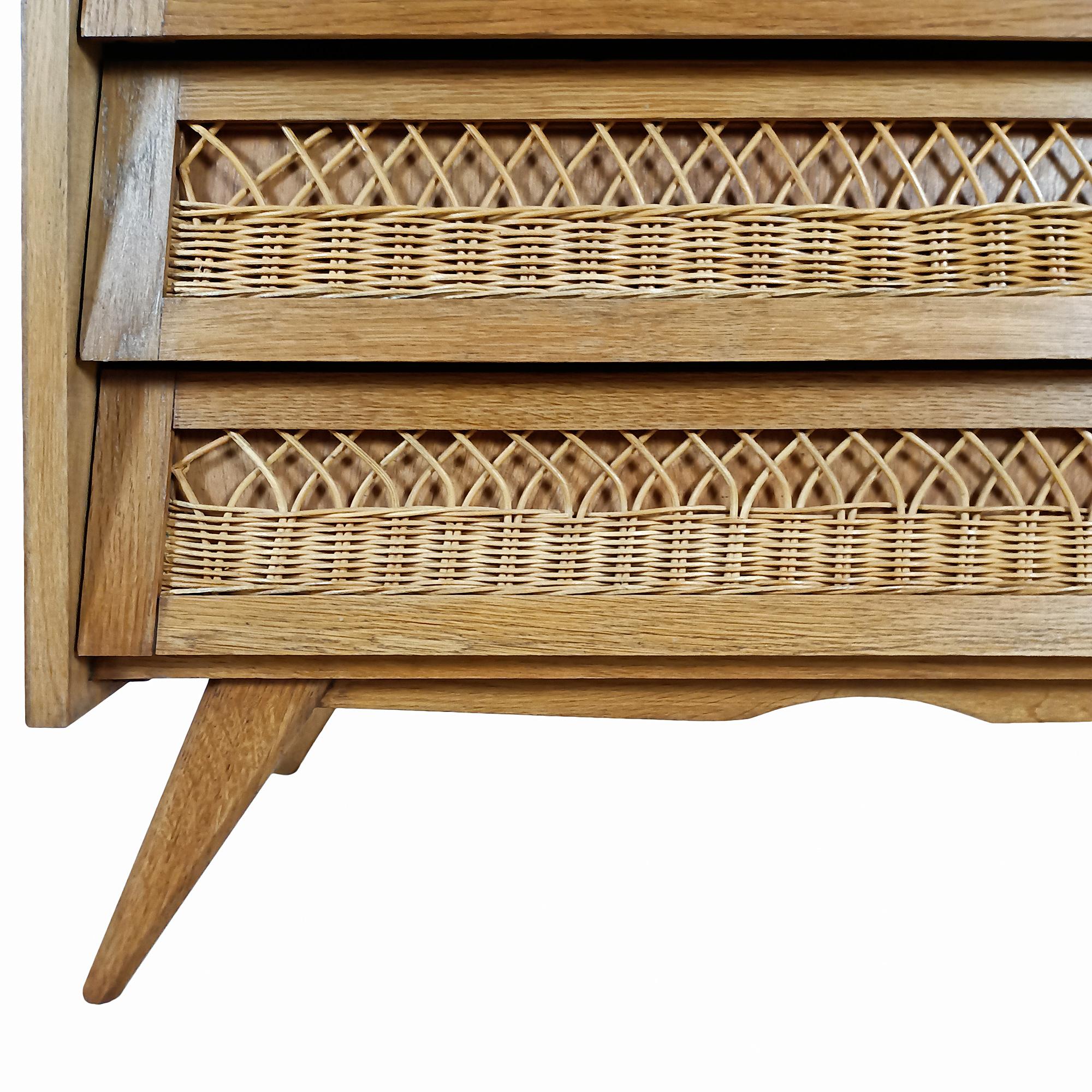 Wicker Chest of drawers in oak and wicker – France 1950 For Sale