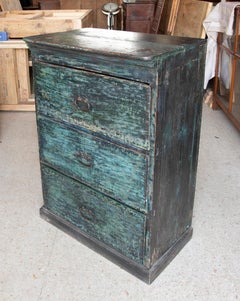 Chest of Drawers in Polychromed Wood in Blue Tones with Iron Handles
