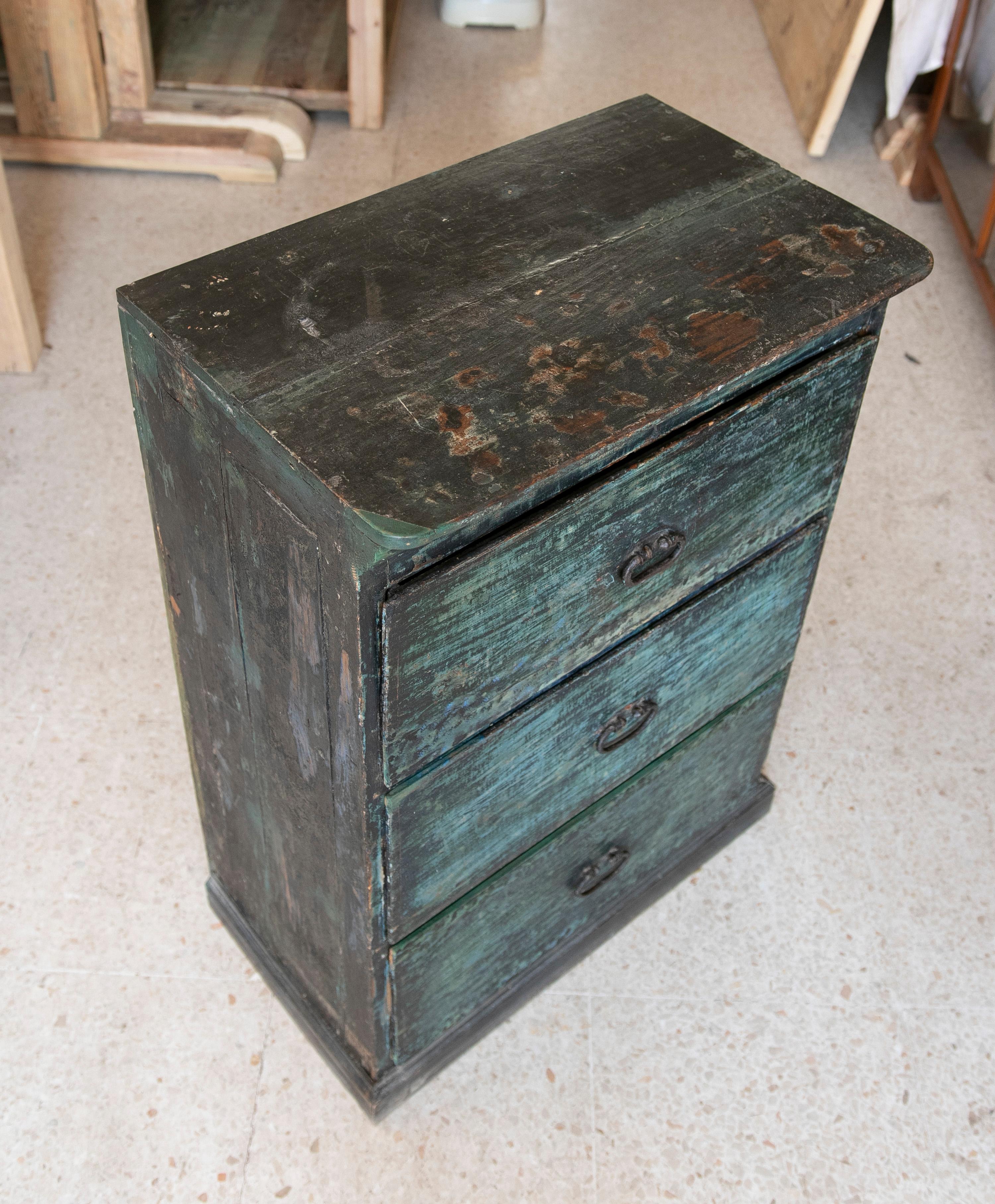 Spanish Chest of Drawers in Polychromed Wood in Blue Tones with Iron Handles For Sale