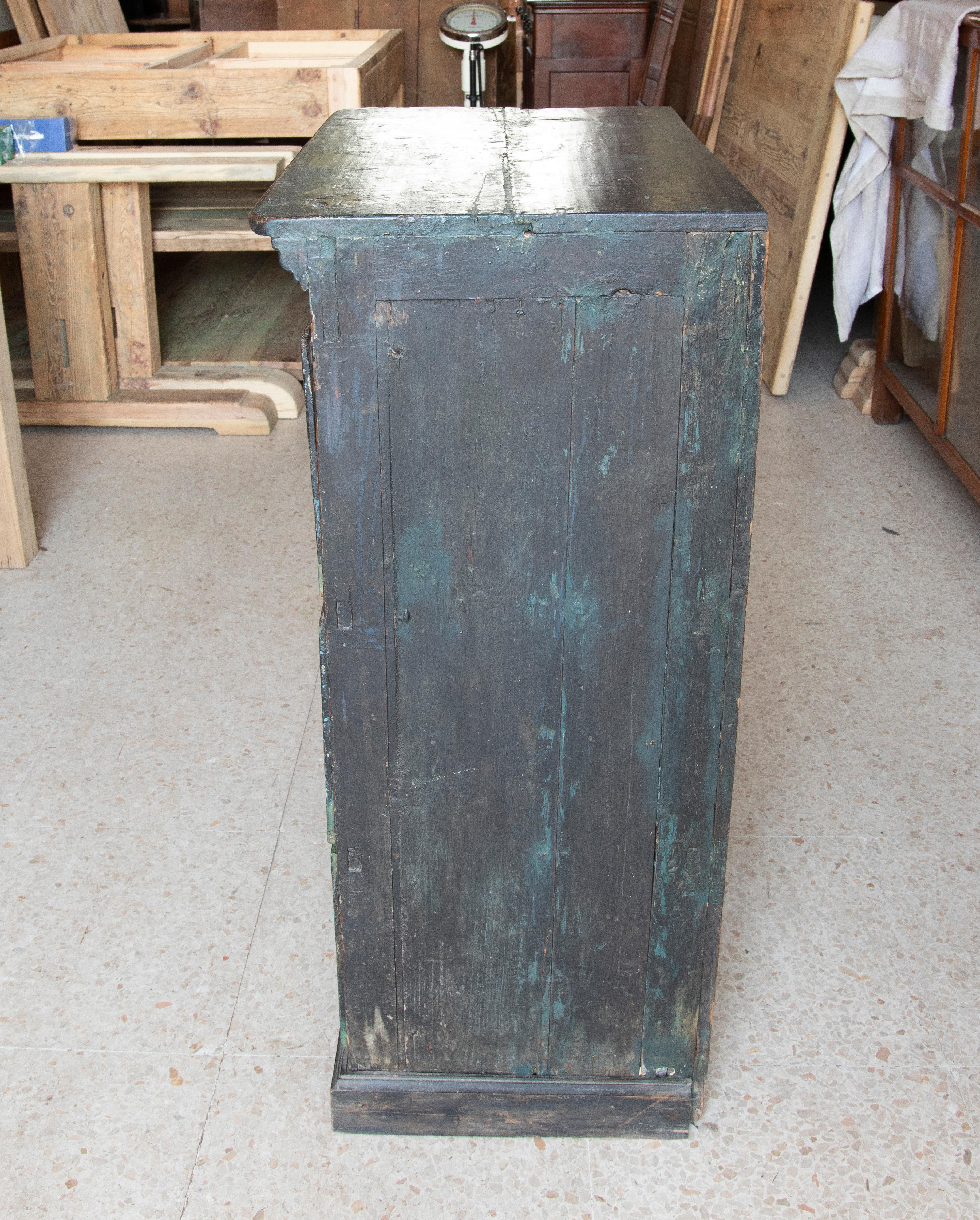 20th Century Chest of Drawers in Polychromed Wood in Blue Tones with Iron Handles For Sale