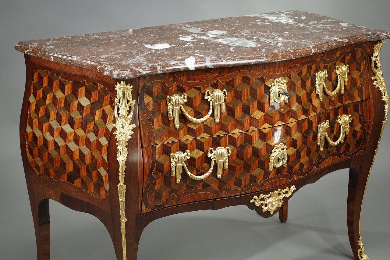 Gilt Chest of Drawers in Rosewood Veneer with Oeben Marquetry, Louis XV Period For Sale