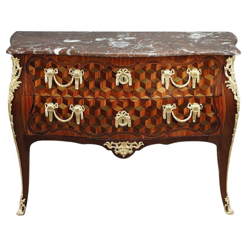 Chest of Drawers in Rosewood Veneer with Oeben Marquetry, Louis XV Period For Sale