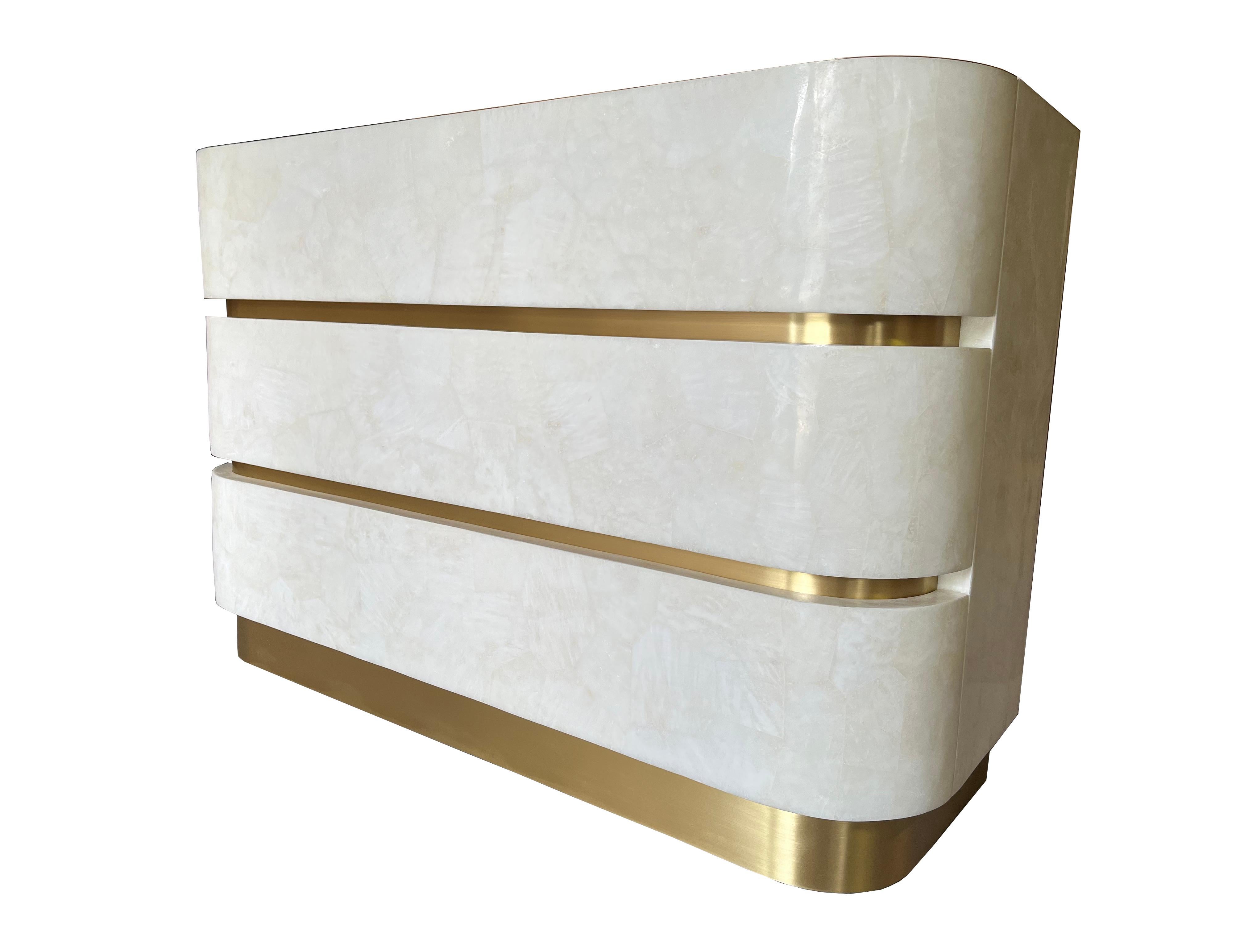 French Chest of Drawers in White Rock Crystal and Brass by Ginger Brown For Sale