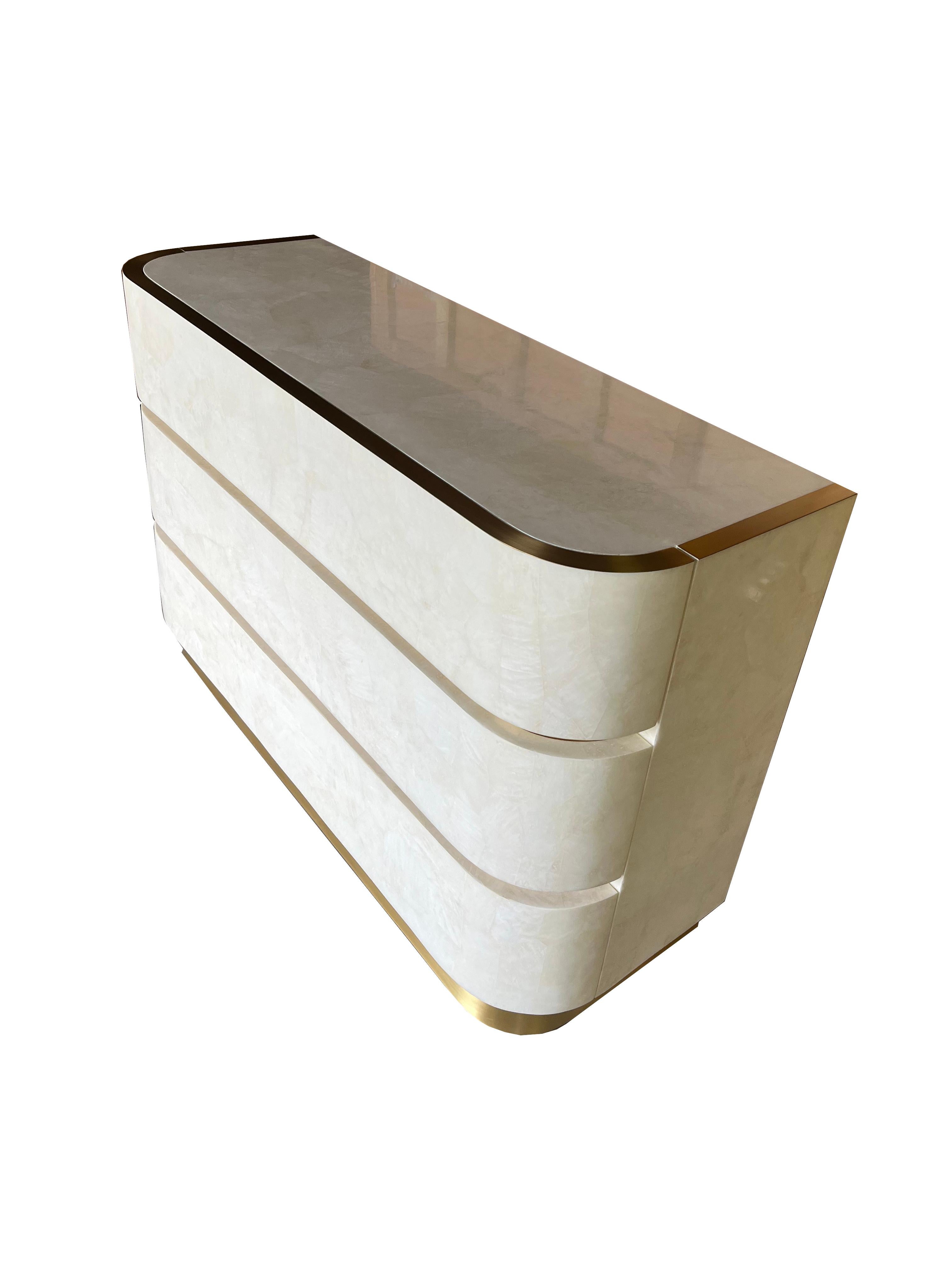 Hand-Crafted Chest of Drawers in White Rock Crystal and Brass by Ginger Brown For Sale