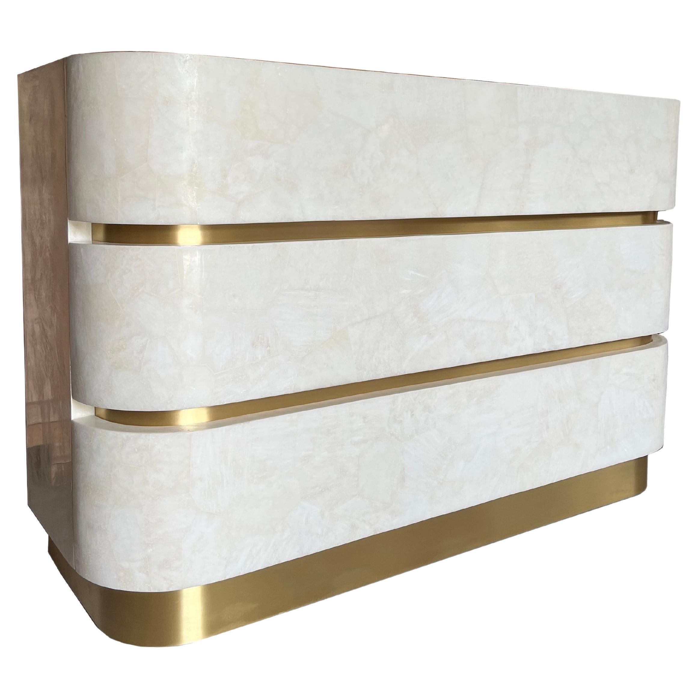 Chest of Drawers in White Rock Crystal and Brass by Ginger Brown For Sale