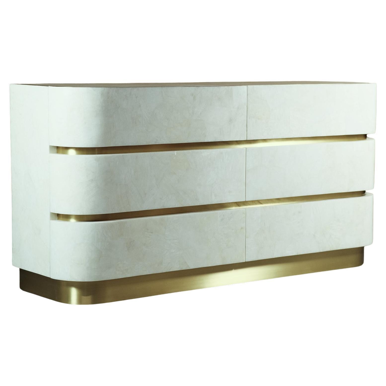 Chest of drawers in White Rock Crystal and Brass by Ginger Brown For Sale