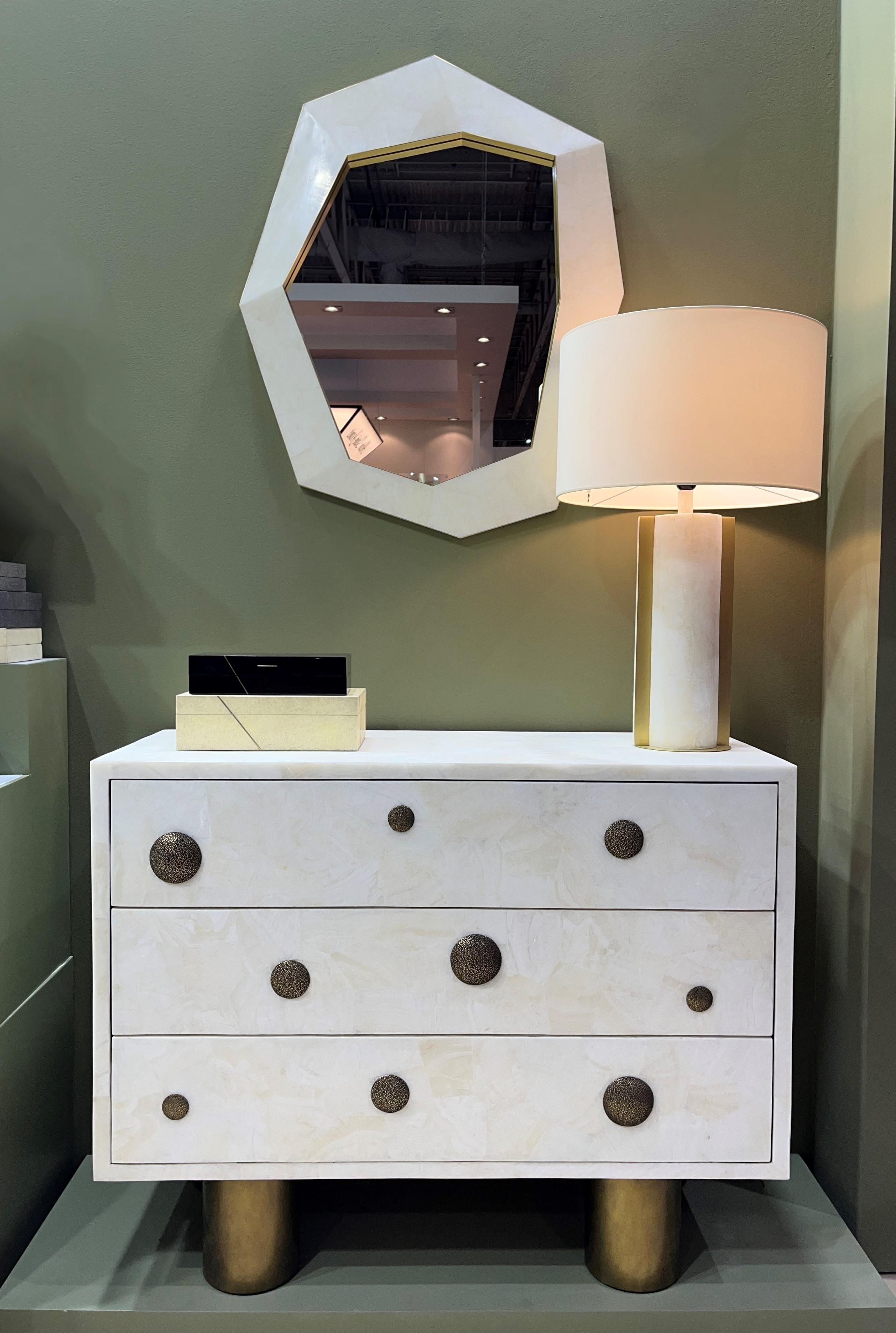 Modern Chest of Drawers in White Rock Crystal and Casted Brass by Ginger Brown For Sale