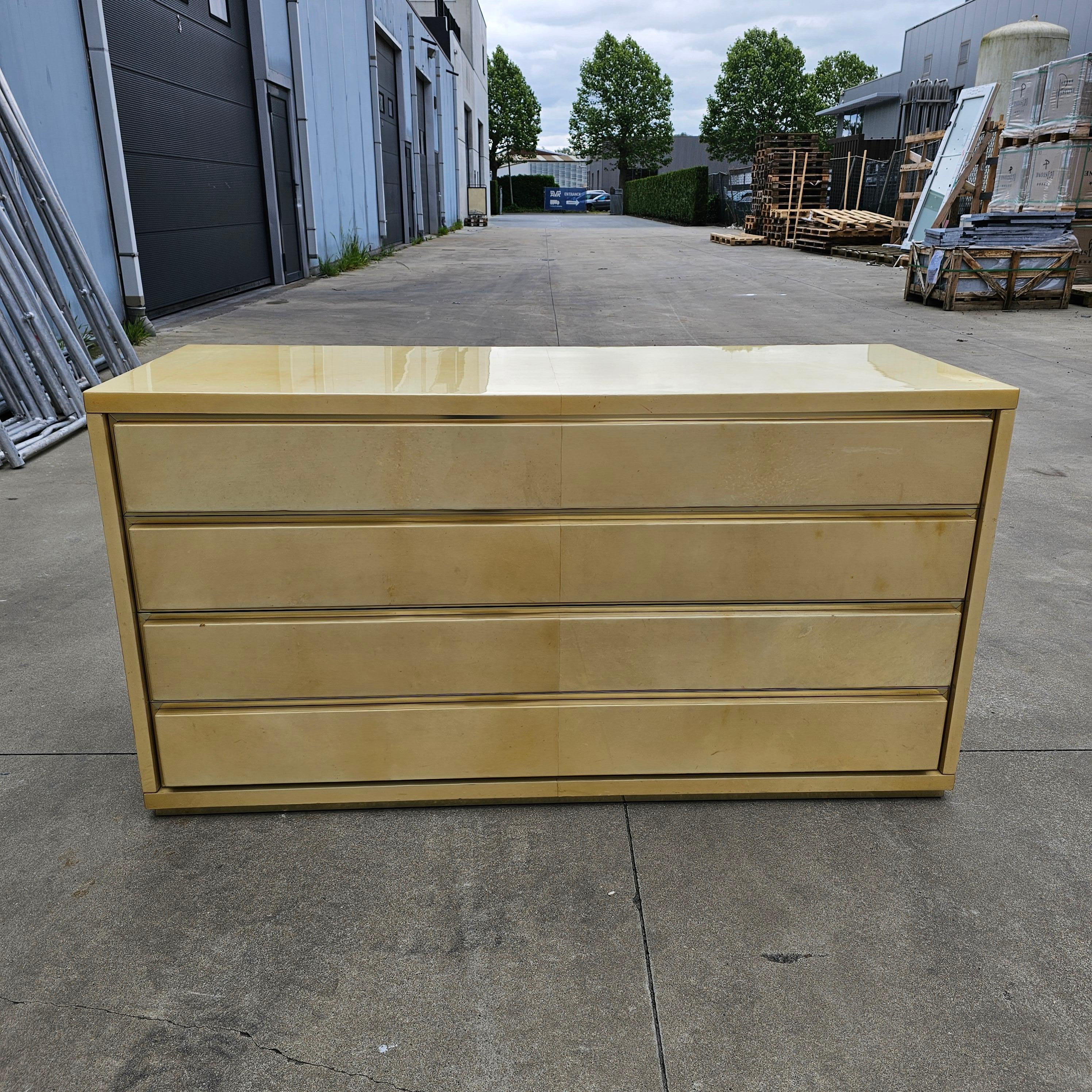 Parchment Paper Chest of Drawers Lacquered Goatskin and Brass by Aldo Tura, Italy, 1970s For Sale