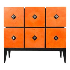 Commode Losange en sycomore teinté orange avec tiroirs en toile