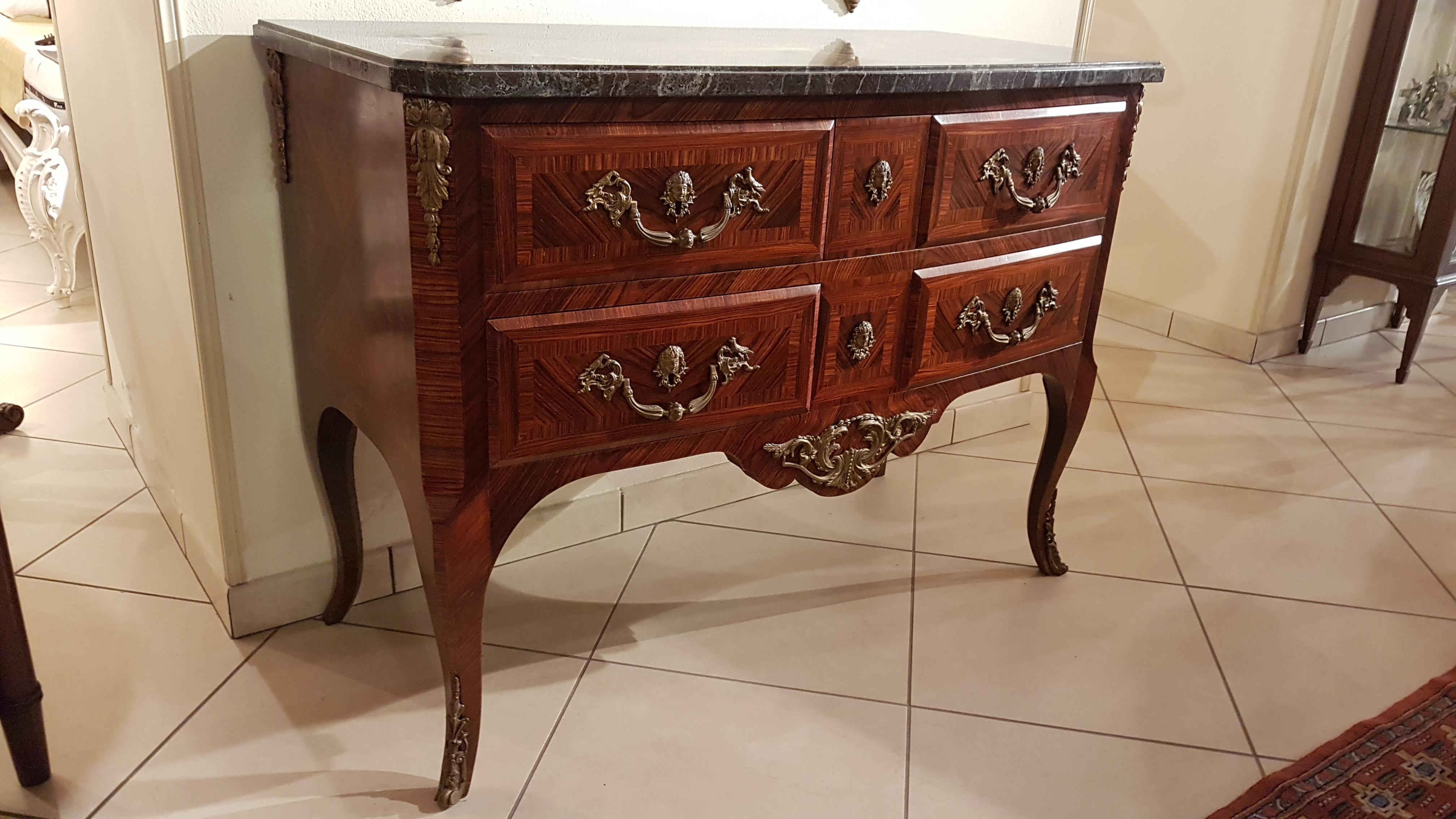 Italian Chest of Drawers Louis XIV Style in Rosewood with Marble and Bronzes, Italy 1950 For Sale