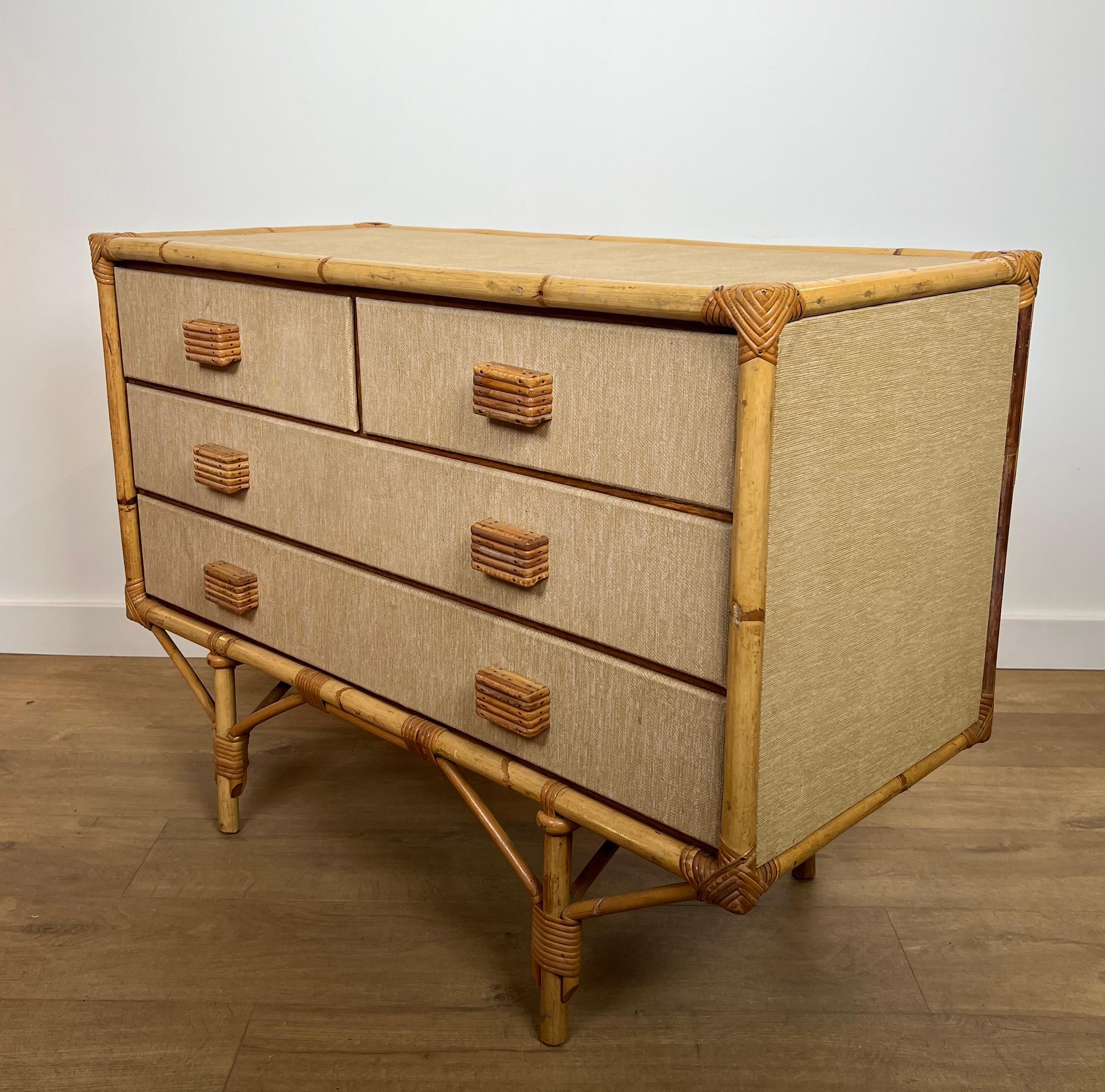 Cassettiera in bambù, rattan, legno e rafia di Audoux Minet in vendita 4