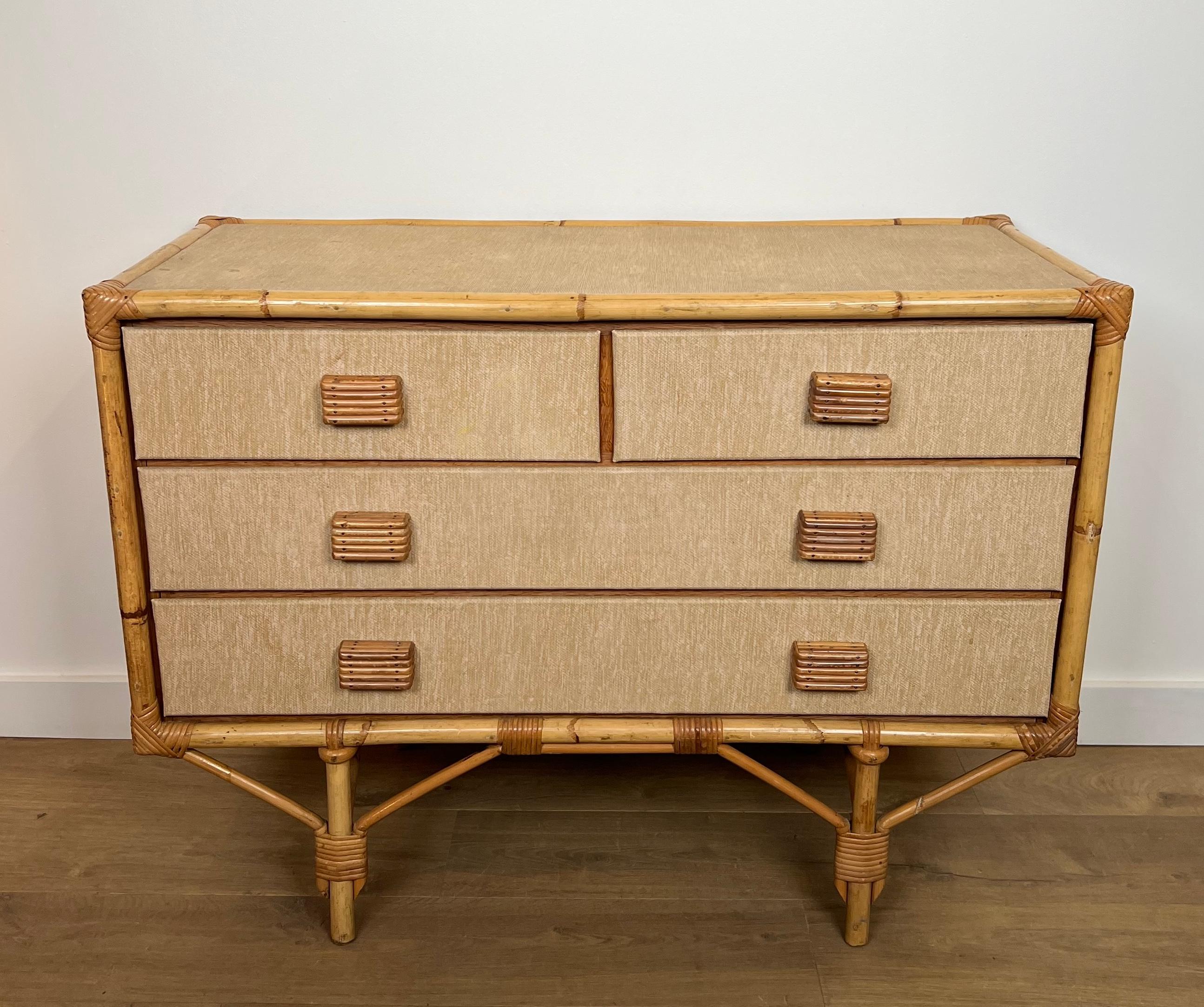 Cassettiera in bambù, rattan, legno e rafia di Audoux Minet in vendita 5